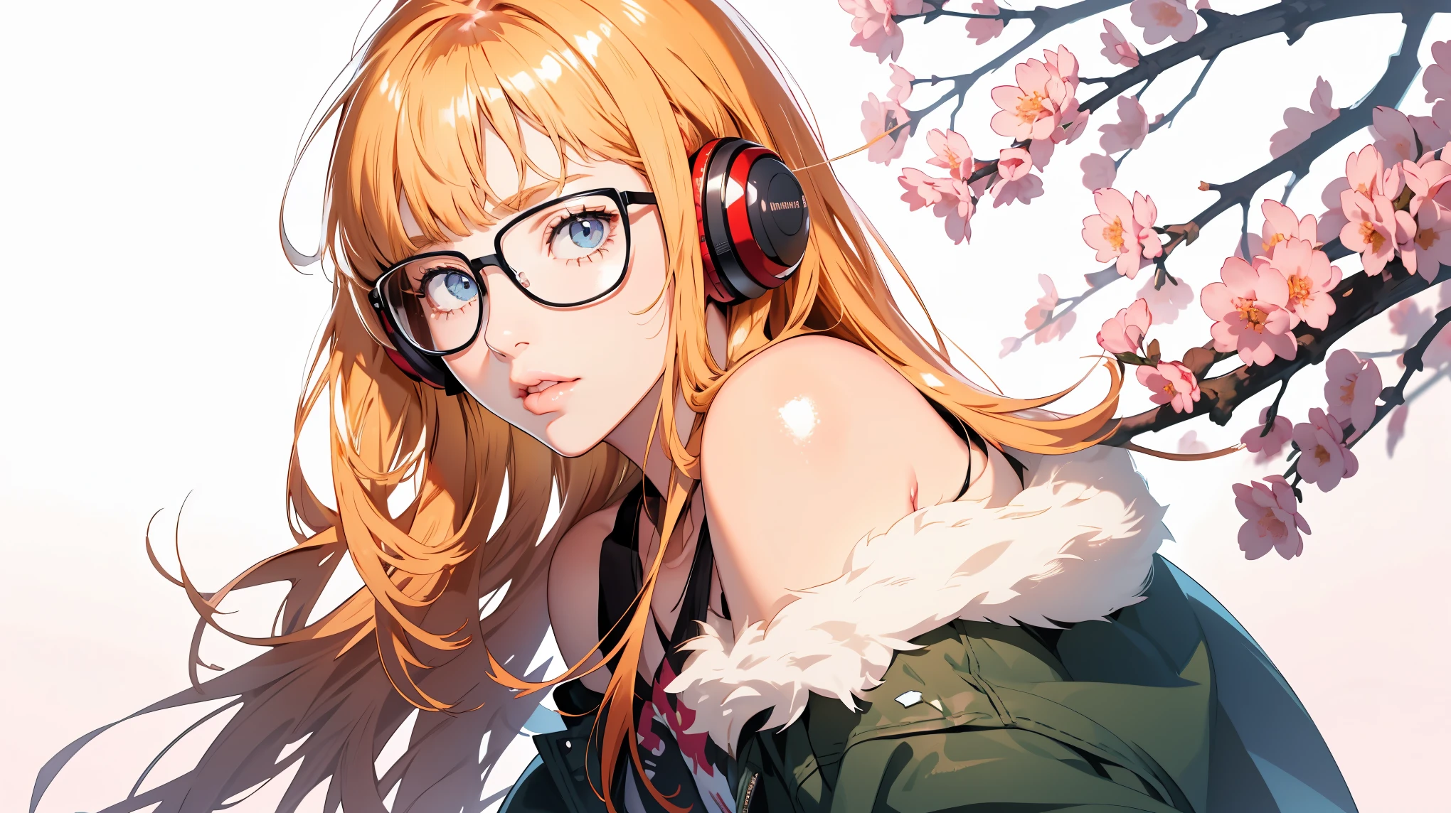 masutepiece, Best Quality, hight resolution, 1girl in, futaba sakura, Blunt bangs, eye glassesの,purple eyes , Ahoge,orange color hair、  eye glassesの, headphones,  bura, Jacket, off shoulders, Fur trim, fur-trimmed jacket, Green jacket, Shorts, ,the golden hour,A smile that showed teeth、1black cat、tea shop、On the counter、Coffee、futaba sakura、Purple eyes、orange color hair、eye glasses、,​masterpiece、top-quality、Official art、illustratio、ligne claire、(Cool_Color)、perfect-composition、focal、acurate, Anatomically correct、 、hight resolution, Beautiful detailed glow, masutepiece*Portrait, 3D Face, Realistic, (masutepiece: 1.3), (max resolution: 1.2), (Ultra HDTV: 1.2), cinematric light, 8K resolution, phi ,​masterpiece、top-quality、Ultra Detail、(((shiny lips: 1.4)))Beautiful face, acurate, Anatomically correct, phiAlways detailed face and skin texture, Detailed eyes, Double eyelids, tThin eyebrows、 pale skin, Lustrous skin all over the body, Perfect face,Always detailed face and skin texture, Detailed eyes, Double eyelids, Thin eyebrows,Natural cheeks, Glossy skin, Fair skin: 1.2, (Glossy lips: 1.4), (((最高にbeautiful a girl)))、(((beautiful a girl)))、（little blush）、（Beautiful face）、
Delicate and beautiful hair, Delicate and beautiful eyes and face, (Beautiful gorgeous cute western woman:1.3),)(((Very Beautiful face))))(((long lashes))))(((Circular twinkling eyes)))(((Glossy and glossy lips)))
(((Cheeks with a slight reddish tinge:0.8)))(((Neat and straight nose bridge)))、(((Cowboy Shot)))crouching cowgirl,