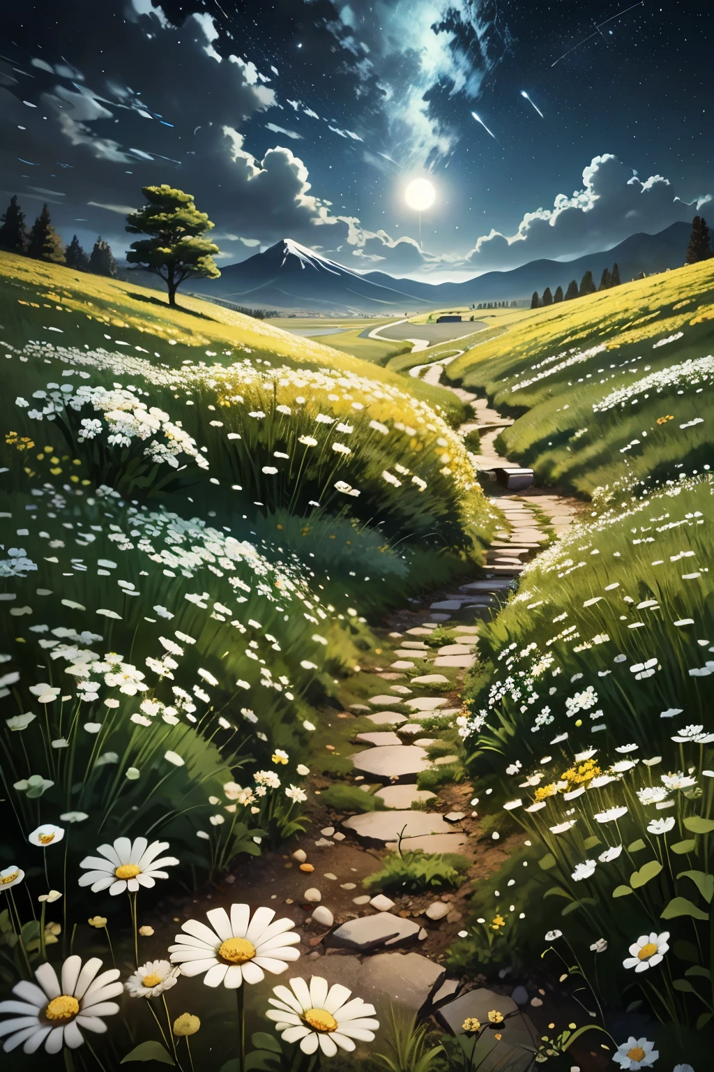 （masterpiece、need、Super exquisite、high resolution）， night:1.5，moonlight，meteor shower, Various flowers, landscape, venue, Sky, white flower, The mountains and fields are full of flowers, horizon, flower ,rain， yellow flower, daisy, landscape,, (illustration:1.0), masterpiece, best quality