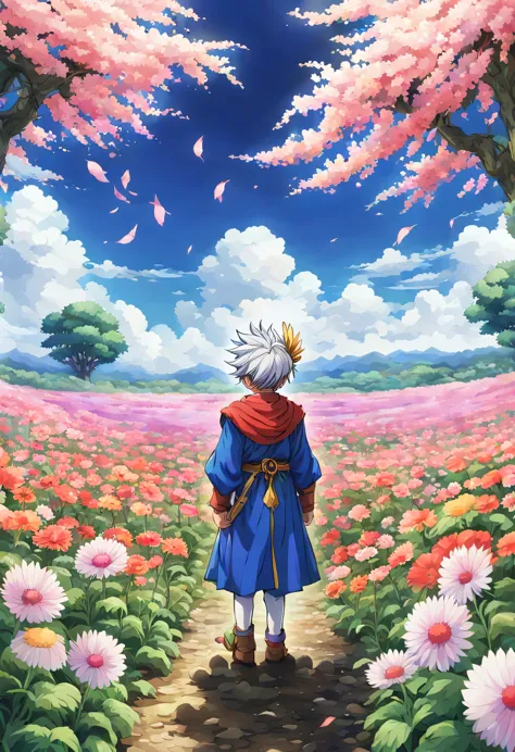 一面の花畑のwind景,the hero who embraces cynthia&#39;he is wearing a feathered headdress and bowing his head in the middle of a flower ...