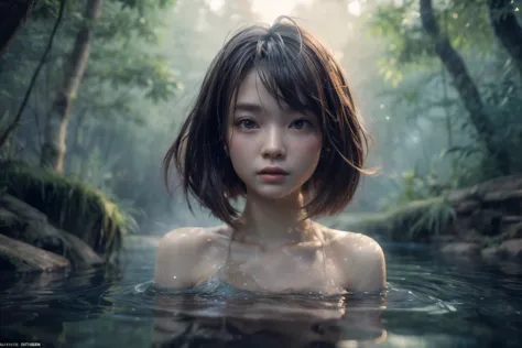 In a vast forest under the moonlight, a beautiful nymph swimming in the pond surrounded by a thick forest and high mountain, det...
