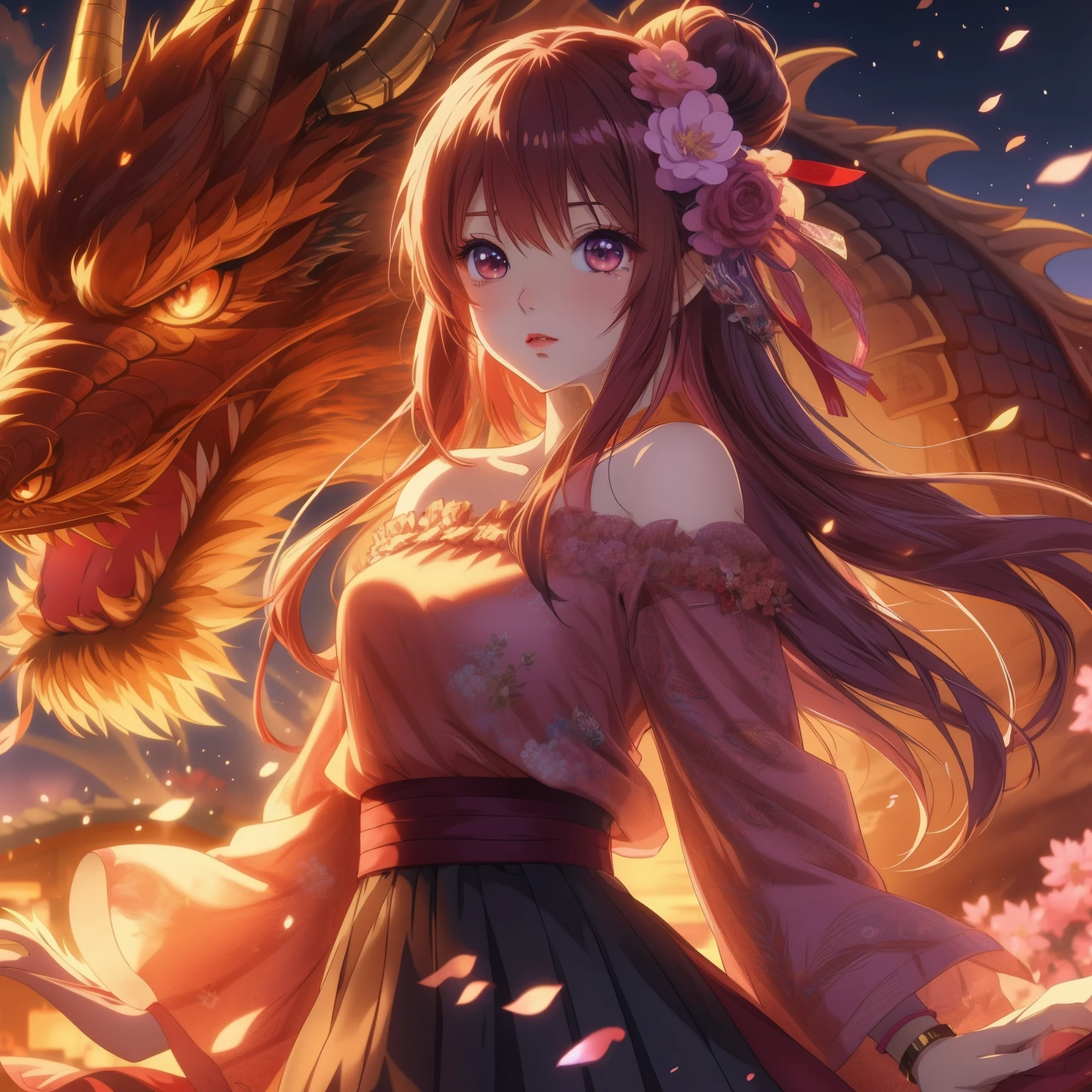 Dragon head anime girl with flowers in her hair, anime style 4k, Anime Art Wallpaper 4k, anime art wallpaper 4k, anime art wallpaper 8k, anime wallpaper 4k, anime wallpaper 4 k, 4k anime wallpaper, 4k comic wallpaper, hd anime wallpaper, Anime fantasy artwork, Detailed digital animation art, anime wallpaper, anime wallpaper