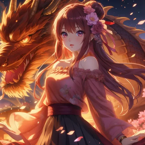 Dragon head anime girl with flowers in her hair, anime style 4k, Anime Art Wallpaper 4k, anime art wallpaper 4k, anime art wallp...