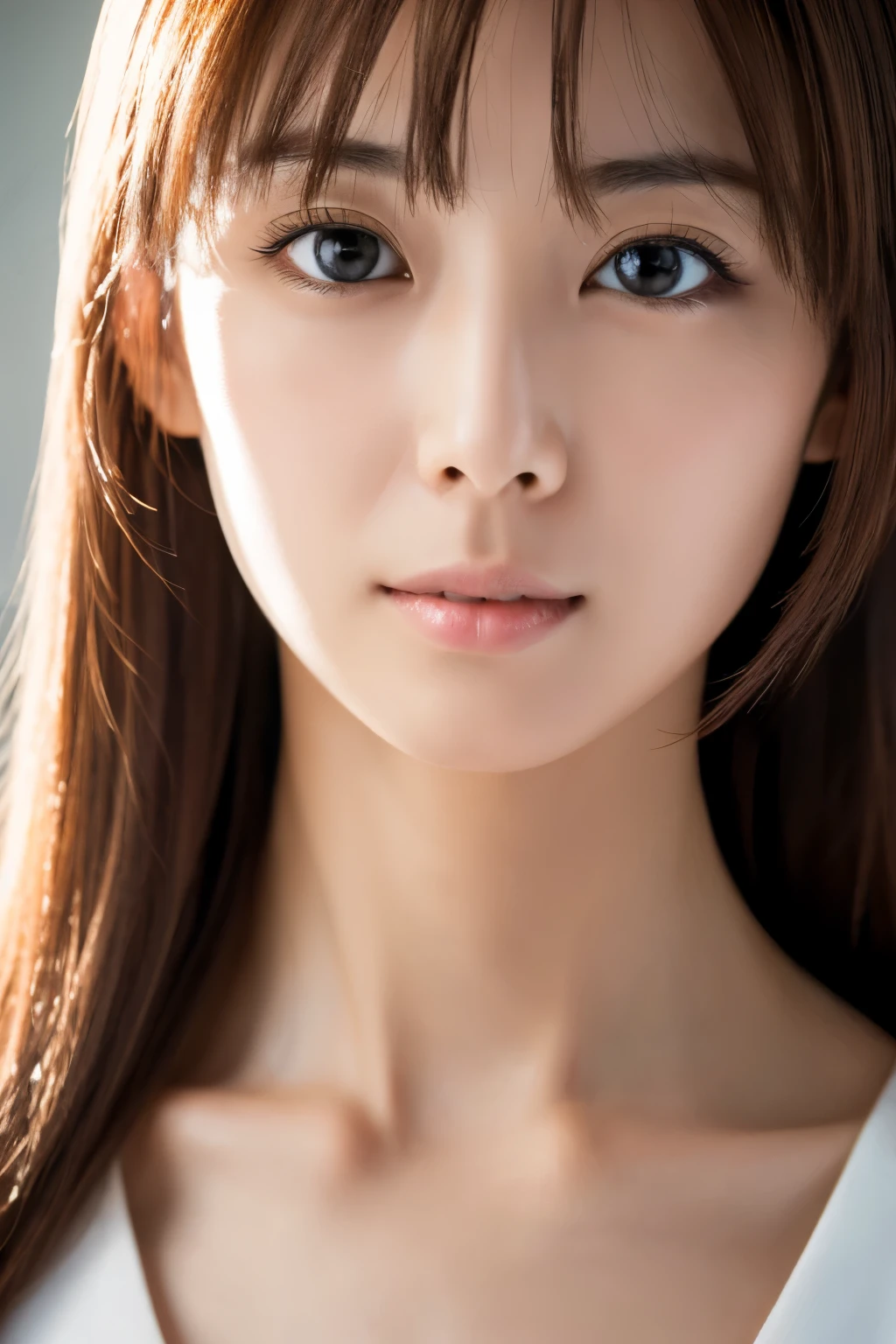 Masterpiece, Best Quality, Photorealsitic, Ultra-detailed, finely detail, high resolution, 8k wallpaper, Professional, high level of detail, 1girl in, Skinny Japanese woman, ((Facing the front)), Detailed clavicle, face perfect, straight hair, (look straight at a camera)