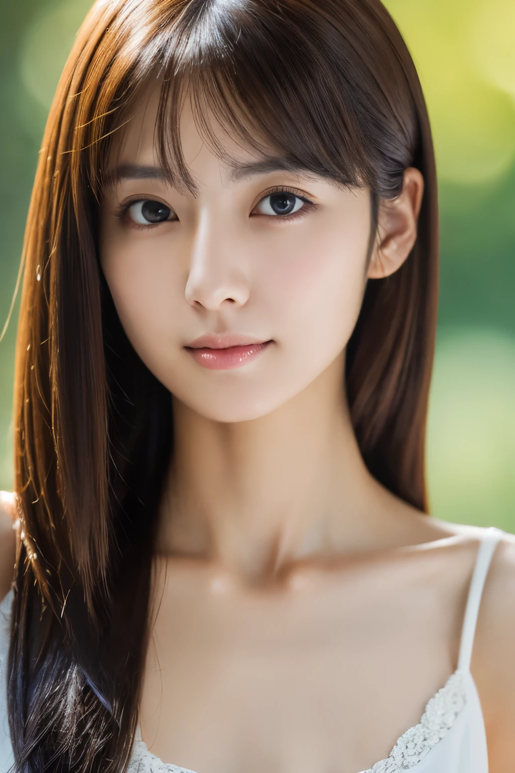 Masterpiece, Best Quality, Photorealsitic, Ultra-detailed, finely detail, high resolution, 8k wallpaper, Professional, high level of detail, 1girl in, Skinny Japanese woman, ((Facing the front)), Detailed clavicle, face perfect, straight hair, (look straight at a camera)