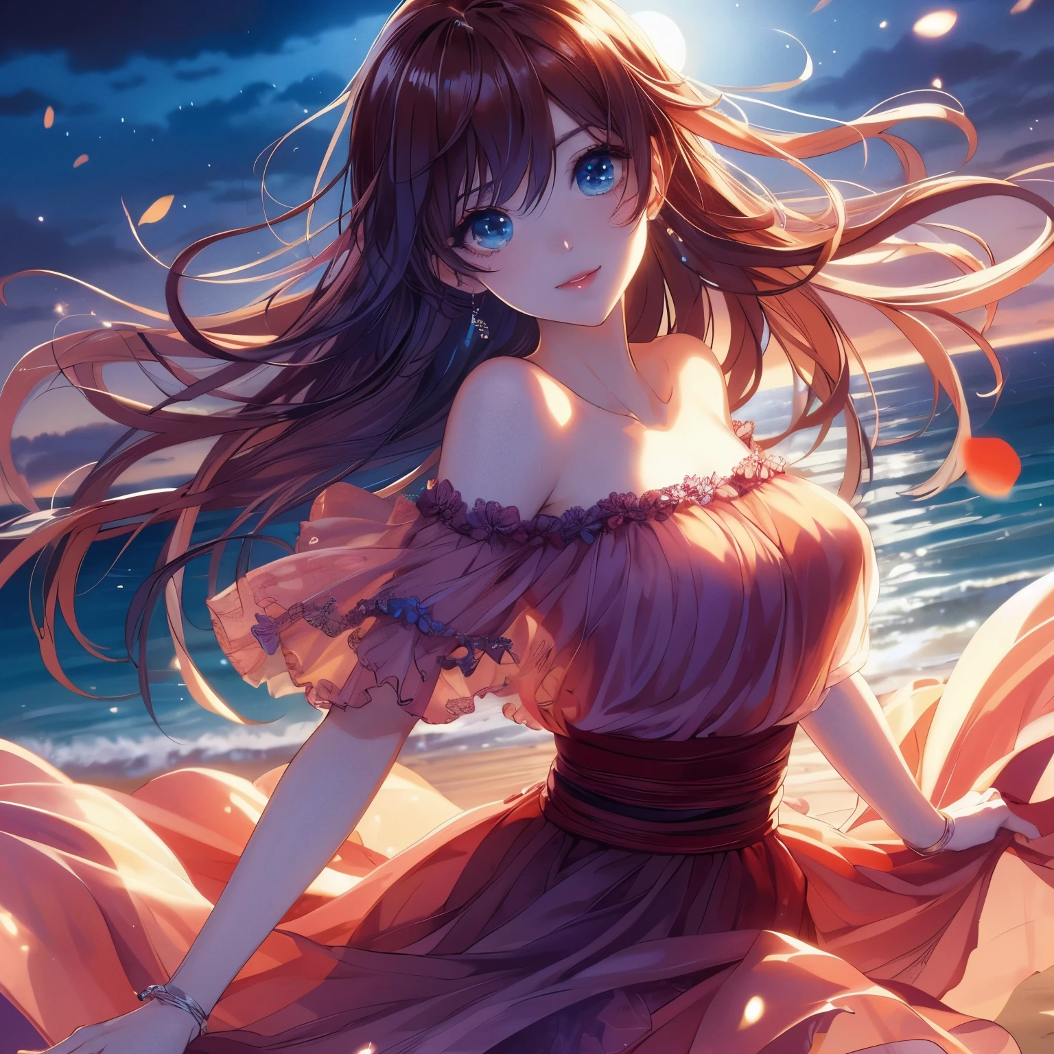 Anime girl wearing skirt on the beach，The background is a full moon, Beautiful anime girl, anime style 4k, Beautiful anime woman, Beautiful anime, Cute anime waifu wearing beautiful clothes, 4k anime wallpaper, HD anime wallpaper, Beautiful anime artwork,  wearing clothes, Beautiful anime art, beautiful anime girl, Beautiful charming anime woman