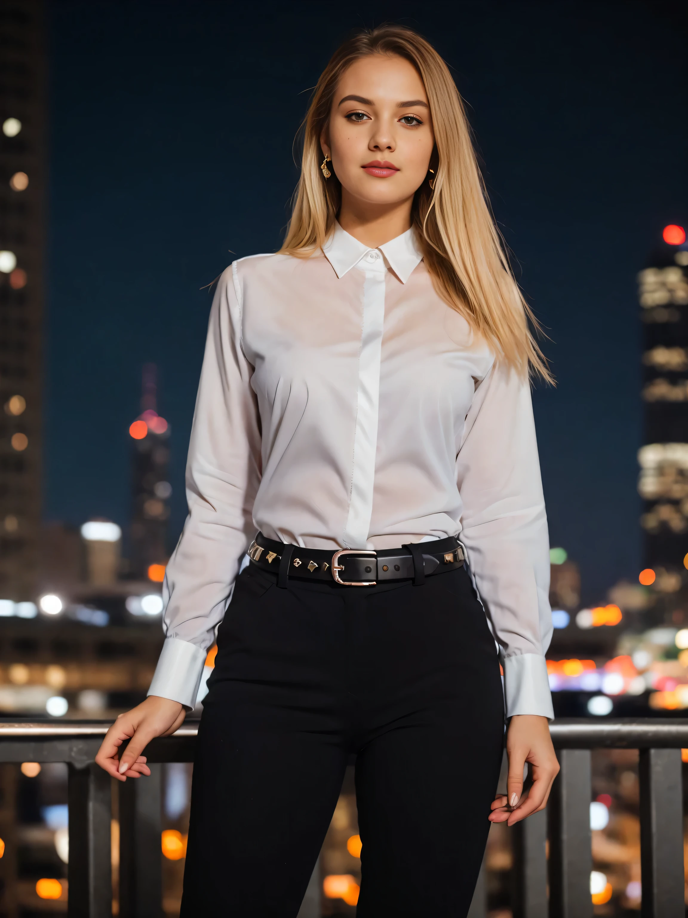 beautiful photograph of a smart looking 1girl, solo, wearing a crisp, white collared shirt, fine fabric emphasis, perfectly defined button detailing, black high-waisted pants with a belt, diamond stud earrings, long sleek blonde hair, brown eyes, freckles, warm and sensual smile, slender figure, standing against a city skyline at midnight, cowboy shot, full body shot, photographed on a Fujifilm XT3, 80mm F/1.7 prime lens, cinematic film still, cinestill 500T, highly detailed, masterpiece, highest quality, intricately detailed, HDR, 8k, uhd, photorealistic