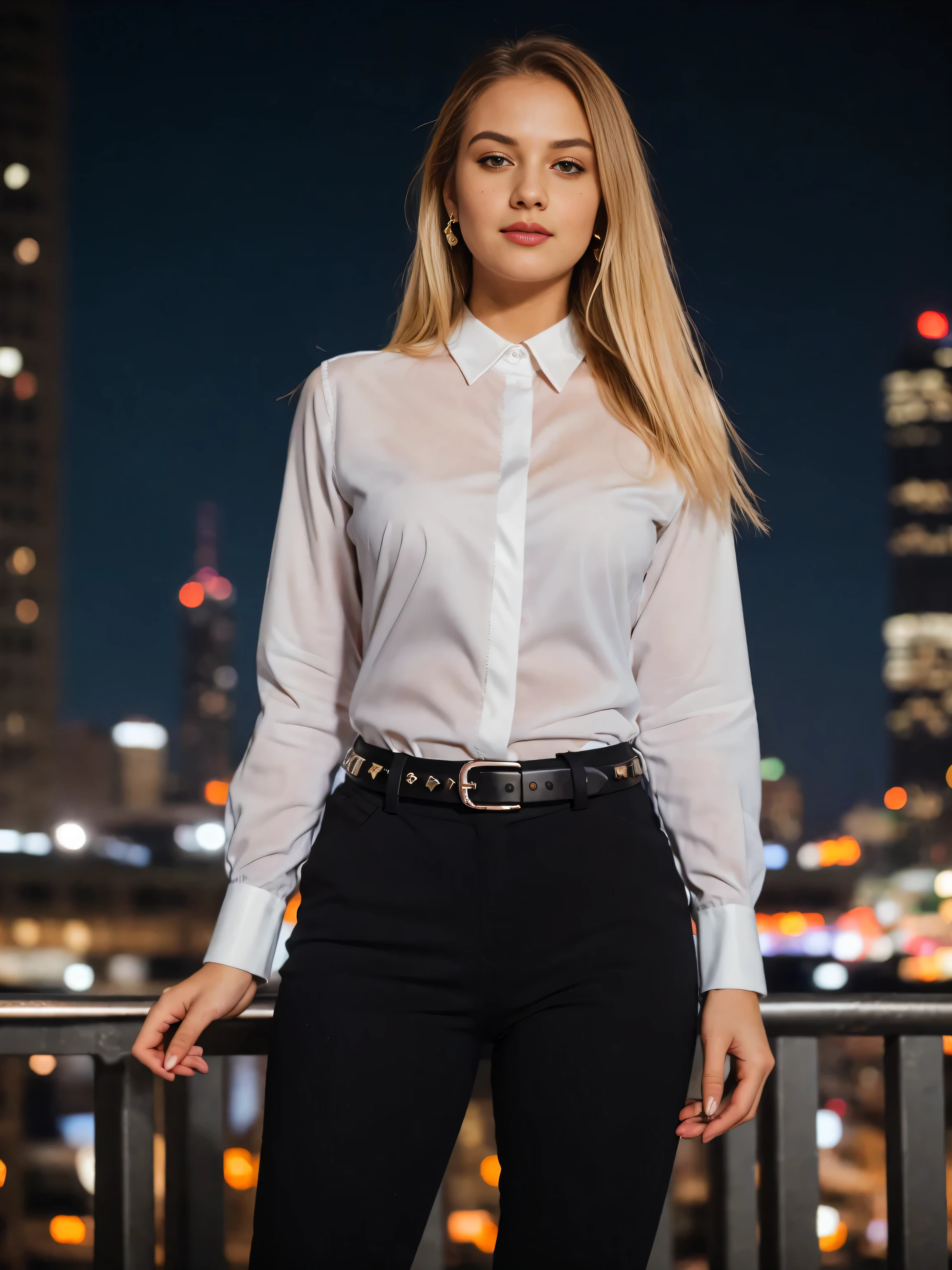 beautiful photograph of a smart looking 1girl, solo, wearing a royal green, satin collared shirt, very detailed fine silk fabric emphasis, perfectly defined button detailing, black pants with a belt, diamond stud earrings, long sleek blonde hair, brown eyes, freckles, serious expression, slender figure, standing against a country skyline at midday, cowboy shot, full body shot, photographed on a Fujifilm XT3, 80mm F/1.7 prime lens, cinematic film still, cinestill 500T, highly detailed, masterpiece, highest quality, intricately detailed, HDR, 8k, uhd, photorealistic