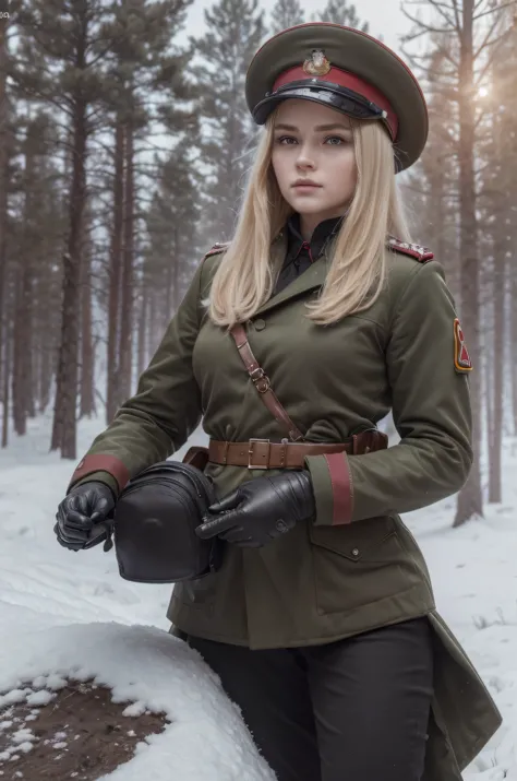 Beautiful young Soviet soldier woman, Latvian face, military hairstyle blonde hair, military hat, gloved hands, dark red uniform...