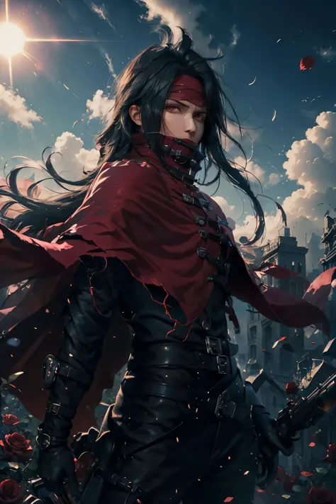 Vincent Valentine,male,Handsome guy,good looking,  long black hair, red eyes, red cloak, red headband, wear the headband deeply,...