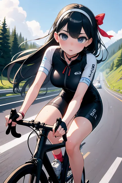 (((masterpiece))), (((highest quality))), (((ride a road bike))), downhill, Steep, Eye mask, earphone, Cycling Shorts, Wind, spe...