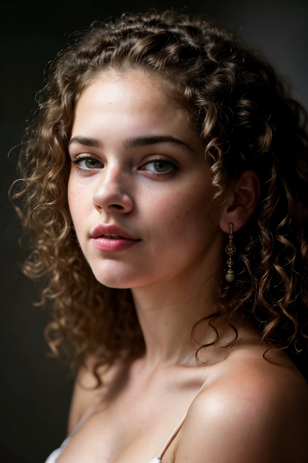 a portrait photo of a beautiful woman with curls and many freckles, (dirty blonde hair), (face portrait:1.5), dramatic light , Rembrandt lighting scheme, (hyperrealism:1.2), (photorealistic:1.2), Taken with Canon EOS 5D Mark IV, detailed face, Detailed hair