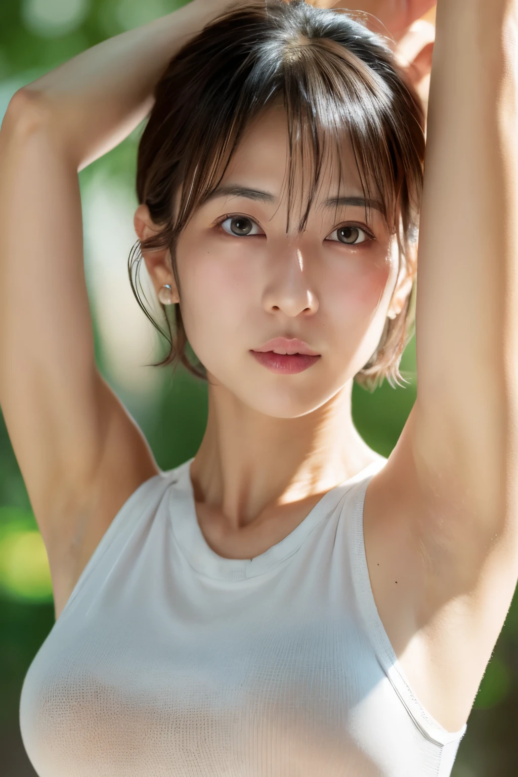 Ultra Real, High Definition, 8K, High Definition, Best Photo, Skinny Japanese lady, Beautiful Detailed Eyes, Best Quality, Ultra Detail, Masterpiece, Detailed Face, Sweaty, Upper Body Up, Armpits, Short Hair, Sleeveless Sweater, Alone, Small breasts, Camel toe