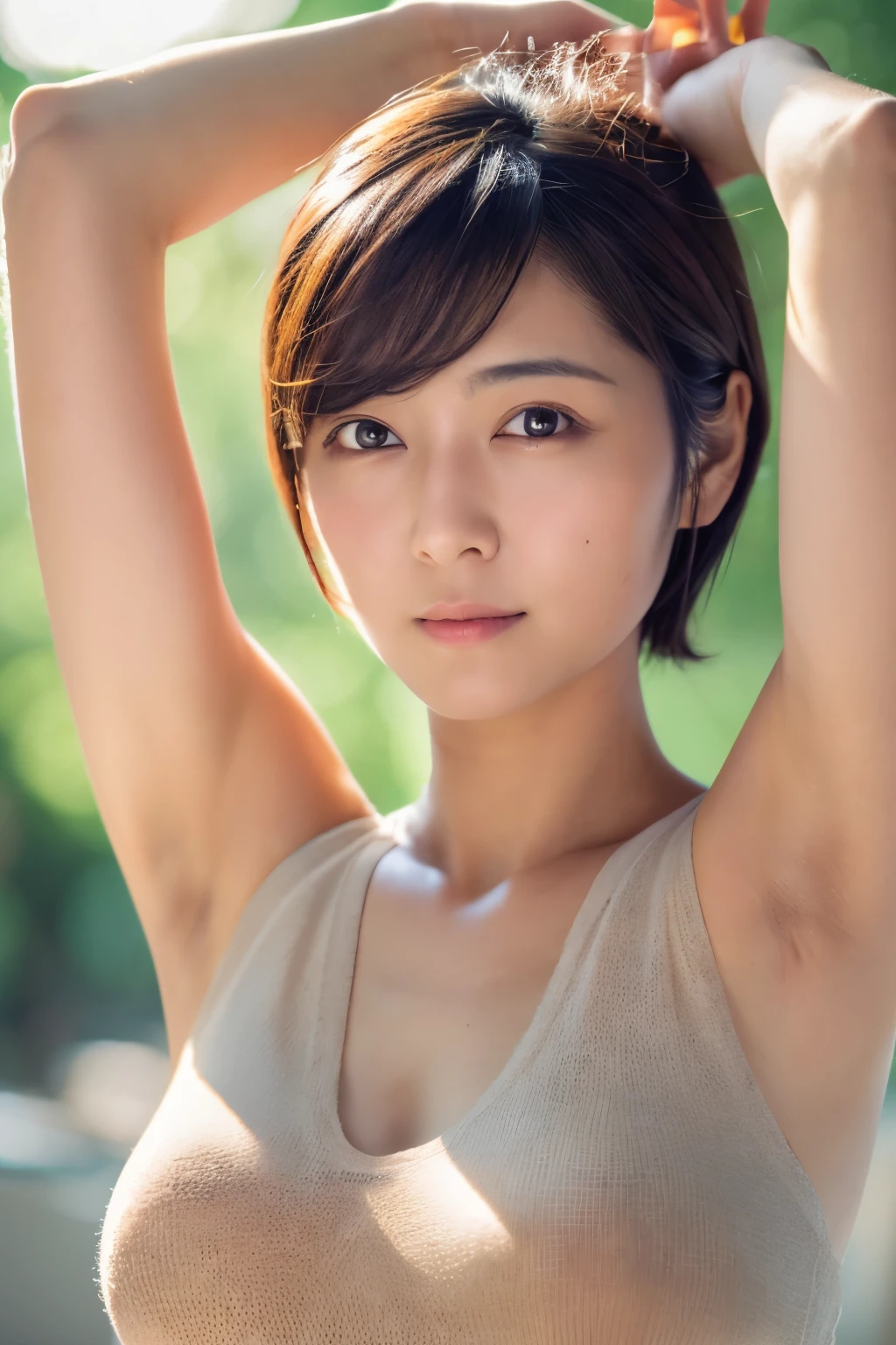 Ultra Real, High Definition, 8K, High Definition, Best Photo, Skinny Japanese lady, Beautiful Detailed Eyes, Best Quality, Ultra Detail, Masterpiece, Detailed Face, Sweaty, Upper Body Up, Armpits, Short Hair, Sleeveless Sweater, Alone, Small breasts, Camel toe