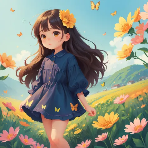 (best quality, masterpiece), 1 girl , wind, in a field of blooming flowers,（surrounded by flowers），Butterflies flying，（Sea of fl...