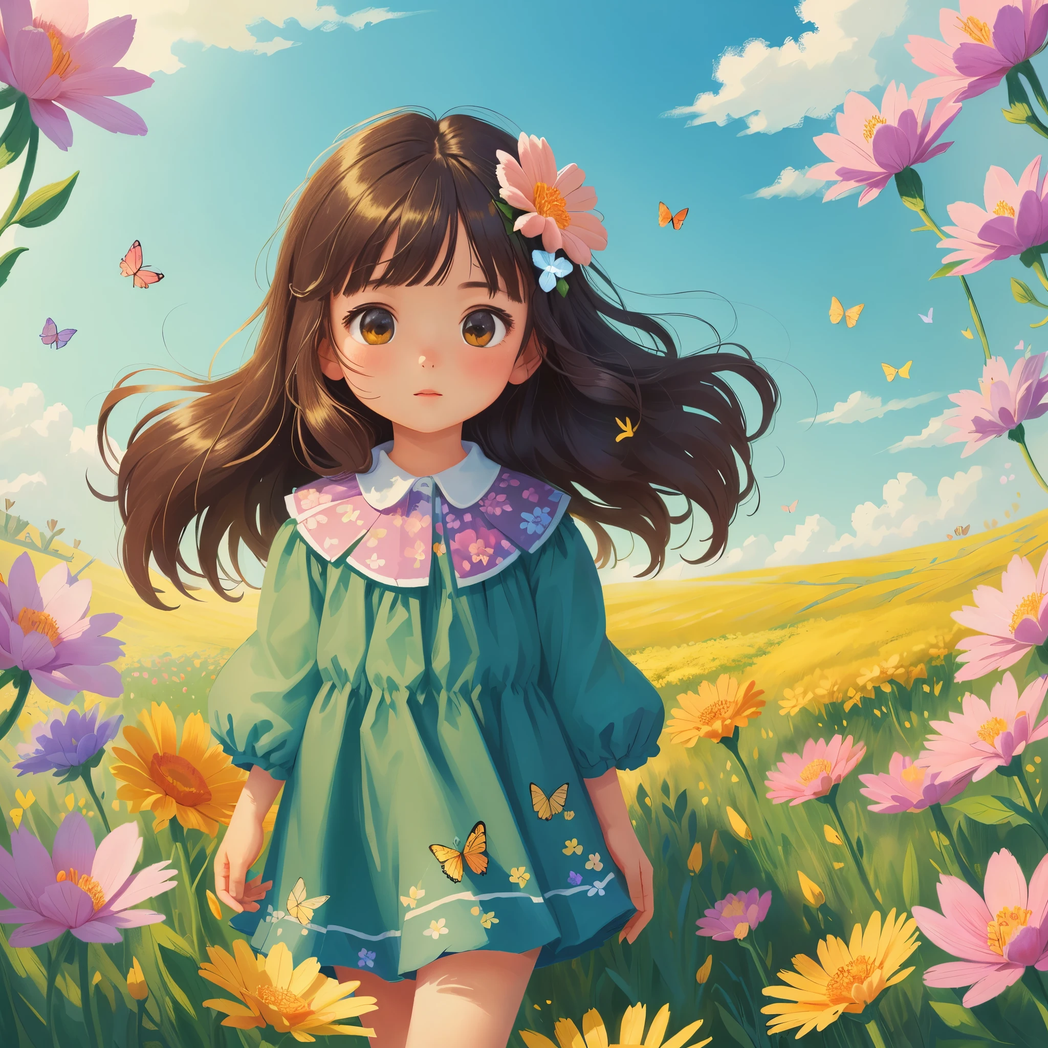 (best quality, masterpiece), 1 girl , wind, in a field of blooming flowers,（surrounded by flowers），Butterflies flying，（Sea of flowers）,flower field，Densely packed flowers， Bright and delicate flowers，Close-up of flowers， cartoon, colorful，