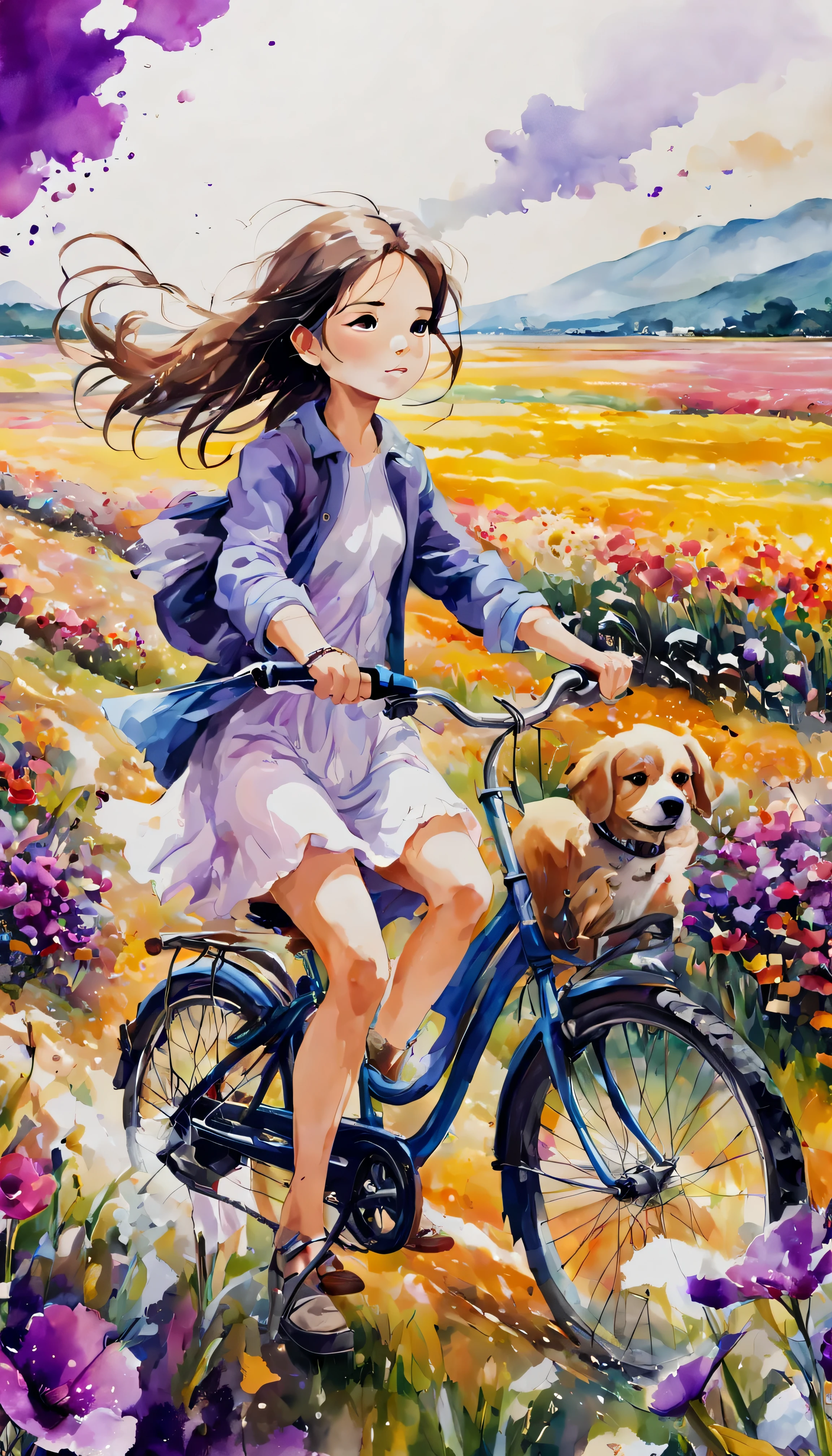 mar de flores/mar de flores/mar de flores.El viento sopla a través de los campos morados..paisaje de campo de primavera.Primer plano de una hermosa niña montando bicicleta.Seguido de un cachorro.acuarela、La tecnología Splash recrea la atmósfera de barro en ambientes húmedos、ingredientes únicos、representación abstracta、Contiene elementos surrealistas.、tono claro.Combinación de colores dorado claro、Alta resolución细节、efecto de salpicadura de tinta、Colores brillantes y frescos.consiste en.(mejor calidad,4k,8K,Alta resolución,obra maestra:1.2),Súper detallado,En primer plano se ven espigas de arroz claras y regordetas..