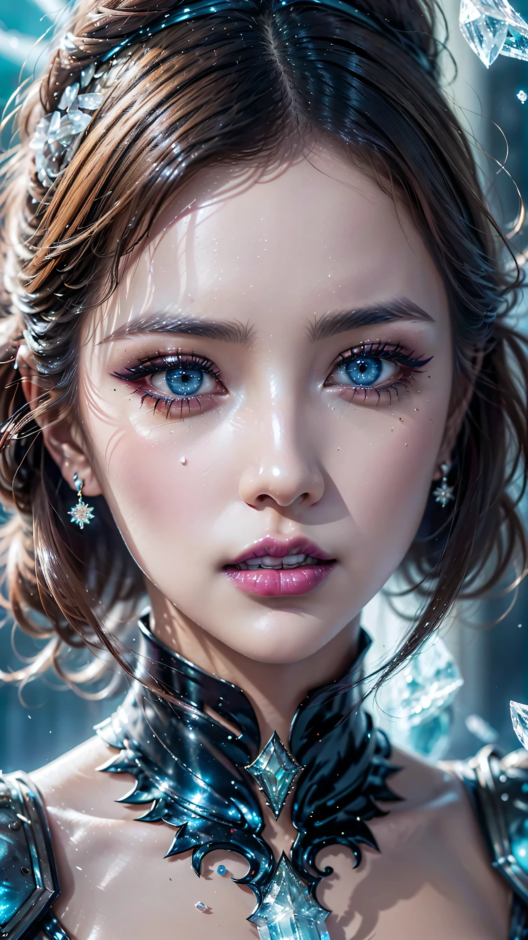 dressed, (details of a very beautiful face)(best quality:1.4)16k resolution,(photo realistic:1.65), (realistic:1.65), 16k, (1girl:1.4) 21years old、((ancient ice priestess:1.3))、(((pillar of neon cold light from the sky:1.4))), (Increase quality:1.3), (best quality real texture skin:1.2), (ultra detailed eyes:1.3), ((finely detailed face:1.3)), ((finely quality eyes)), (tired and sleepy and satisfied:0.0), (detailed lips:1.33)、(Detailed nose:1.2)、(Increase body line mood:1.1), (Increase skin texture beauty:1.3), (small head: 1.4)、(slim face), ((anatomically correct)), velvety frost_makeup:1.35, long_blue_eyeliner:1.2, (frozen blue_ice_lipstick:1.4), ((frozen_blue_eyes:1.3)), (perfect blue_frozen_eyeshadows:1.25), there a close up of a woman's, (super detailed makeup on eyes:1.3), iridescent eyes, with professional makeup, vibrant eyes:1.2, (((Fluorescent ice crystals of different color:1.43)), (translucent:1.4), (Fantasy:1.4))), (anatomically correct:1.3)、((cleavage))、(I encourage you to choose a subdued and perfectly coordinated background for your phenomenal, diverse random creation)、((Use any technique to combine available materials, ((ice, fantasy armor, glass)):1.45), ((a beautiful antique ice diadem on her head:1.22)), (((bioluminescence ice:1.33))), ((fantasy elemental magic of the land of ice:1.33)), ((hair is a different color than eyes)), dynamic random fancy, professional hairstyles)、(very delicate and beautiful、fine details:1.3)、((ultra sharp fouatte skin:1.45))、((upper body shot:1.3))、(((wearing a dress of bioluminescence ice armor:1.33))), (((a very complicated, fancy style of dress in the shape of ice crystals: 1.65))), ((falling snowflakes, icy touch in the foreground:1.34)), UHD