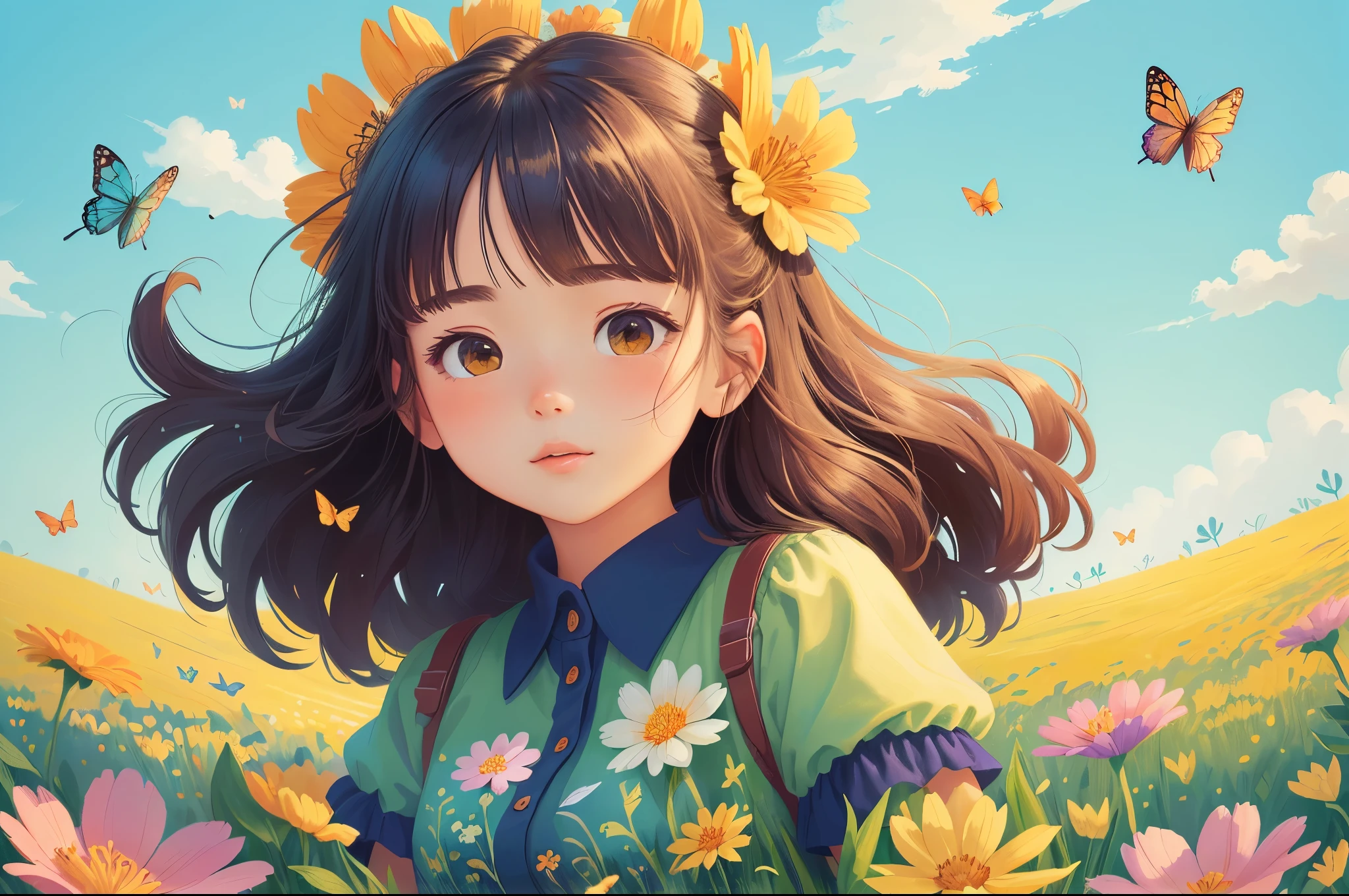 (best quality, masterpiece), 1 girl , wind, in a field of blooming flowers,Upper body，（surrounded by flowers），Butterflies flying，（Sea of flowers）,flower field，Densely packed flowers， Bright and delicate flowers，Close-up of flowers， cartoon, colorful，