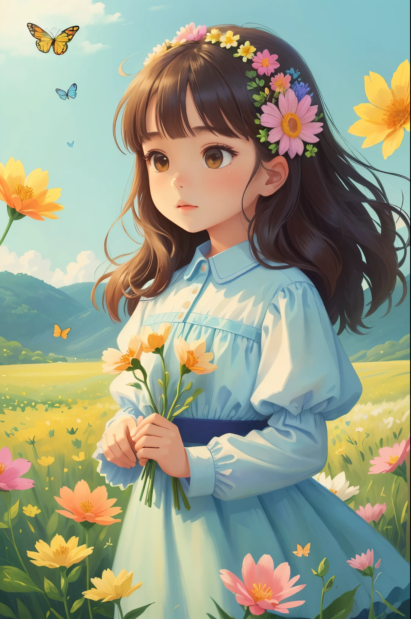 (best quality, masterpiece), 1 girl , wind, in a field of blooming flowers,Upper body，（surrounded by flowers），Butterflies flying，（Sea of flowers）,flower field，Densely packed flowers， Bright and delicate flowers，Close-up of flowers， cartoon, colorful，