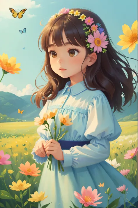 (best quality, masterpiece), 1 girl , wind, in a field of blooming flowers,Upper body，（surrounded by flowers），Butterflies flying...