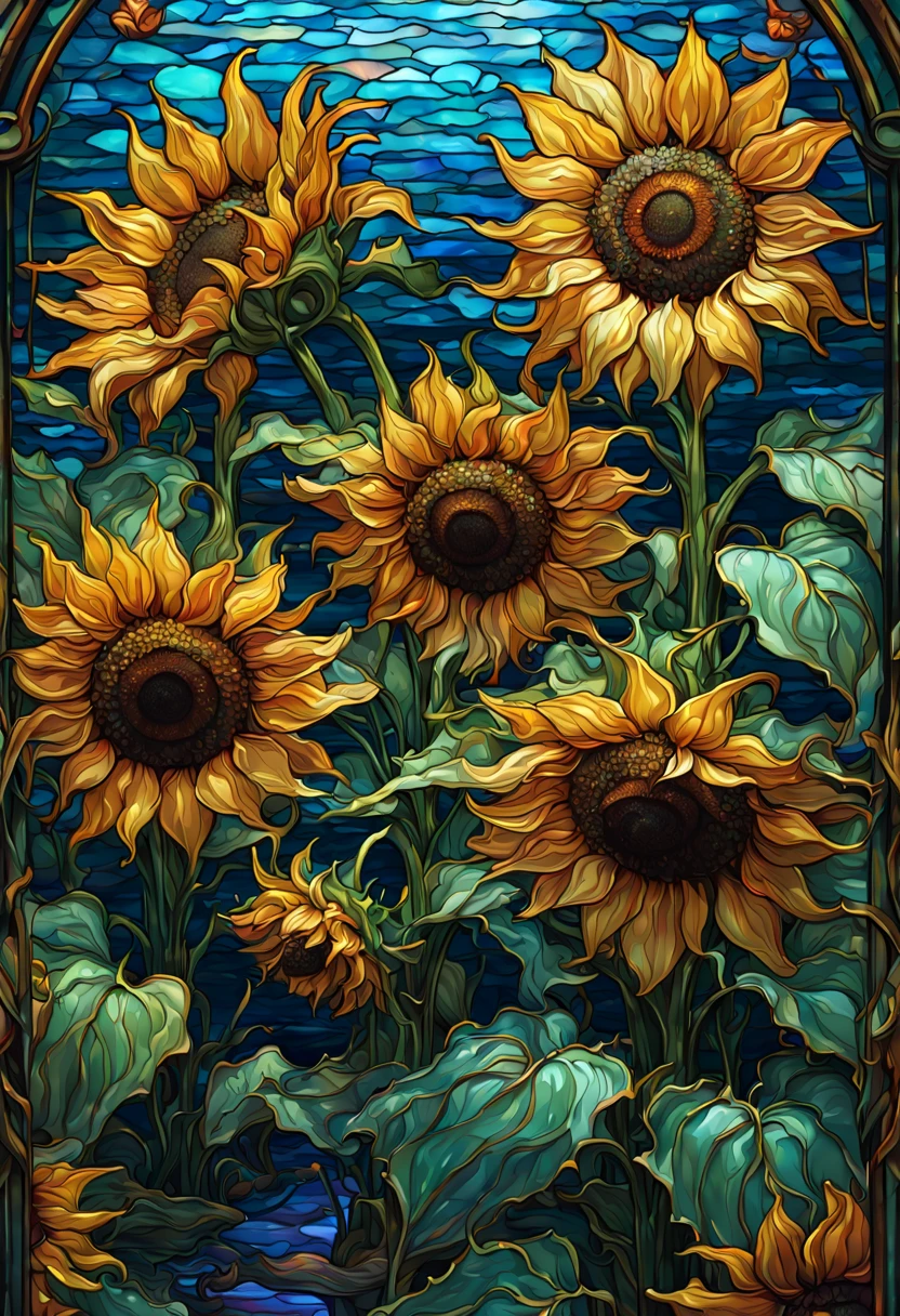 sea of flowers, aesthetic, Stained glass sunflowers, Dan Mumford, Cyril Rolando, MW Kaluta, Louis Comfort Tiffany, Dale Chihuly, hyper-detailed, hyperrealistic, digital landscape art, 8k resolution, beautiful colors, tarot card, awe, sunflowers made of stained glass, detailed, Hyperdetailed storybook illustration, concept art