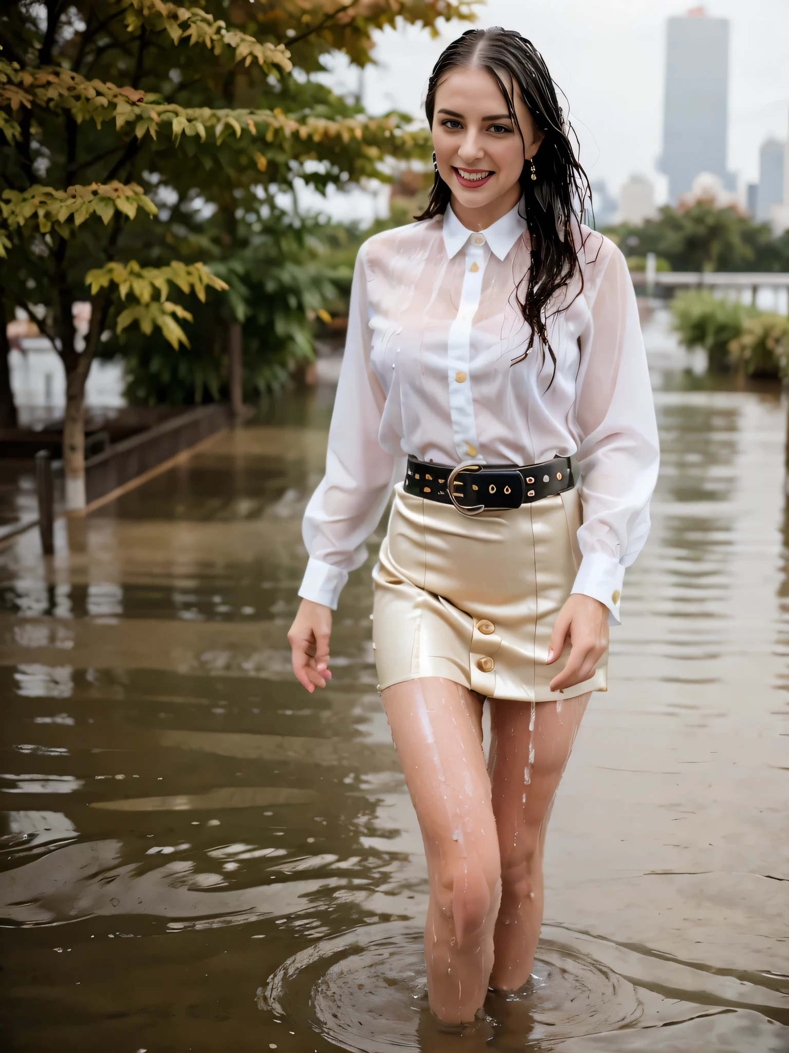a RAW photo of a drenched looking 1girl, solo, (((raining))), wearing a (wet white collared shirt), ((wet fabric emphasis)), perfectly defined button detailing, (black, high-waisted skirt with a belt), diamond stud earrings, (long sleek, blonde wet hair), brown eyes, water drop, warm and sensual smile, slender figure, standing in rain by a city skyline, in autumn, cowboy shot, full body shot, photographed on a Fujifilm XT3, 80mm F/1.7 prime lens, cinematic film still, cinestill 500T, highly detailed, masterpiece, highest quality, intricately detailed, HDR, 8k, uhd, photorealistic