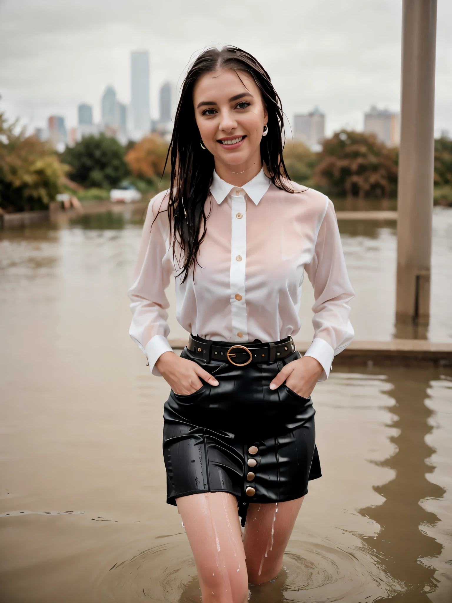 beautiful photograph of a smart looking 1girl, solo, wearing a royal green, satin collared shirt, very detailed fine silk fabric emphasis, perfectly defined button detailing, black pants with a belt, diamond stud earrings, long sleek blonde hair, brown eyes, freckles, serious expression, slender figure, standing against a country skyline at midday, cowboy shot, full body shot, photographed on a Fujifilm XT3, 80mm F/1.7 prime lens, cinematic film still, cinestill 500T, highly detailed, masterpiece, highest quality, intricately detailed, HDR, 8k, uhd, photorealistic