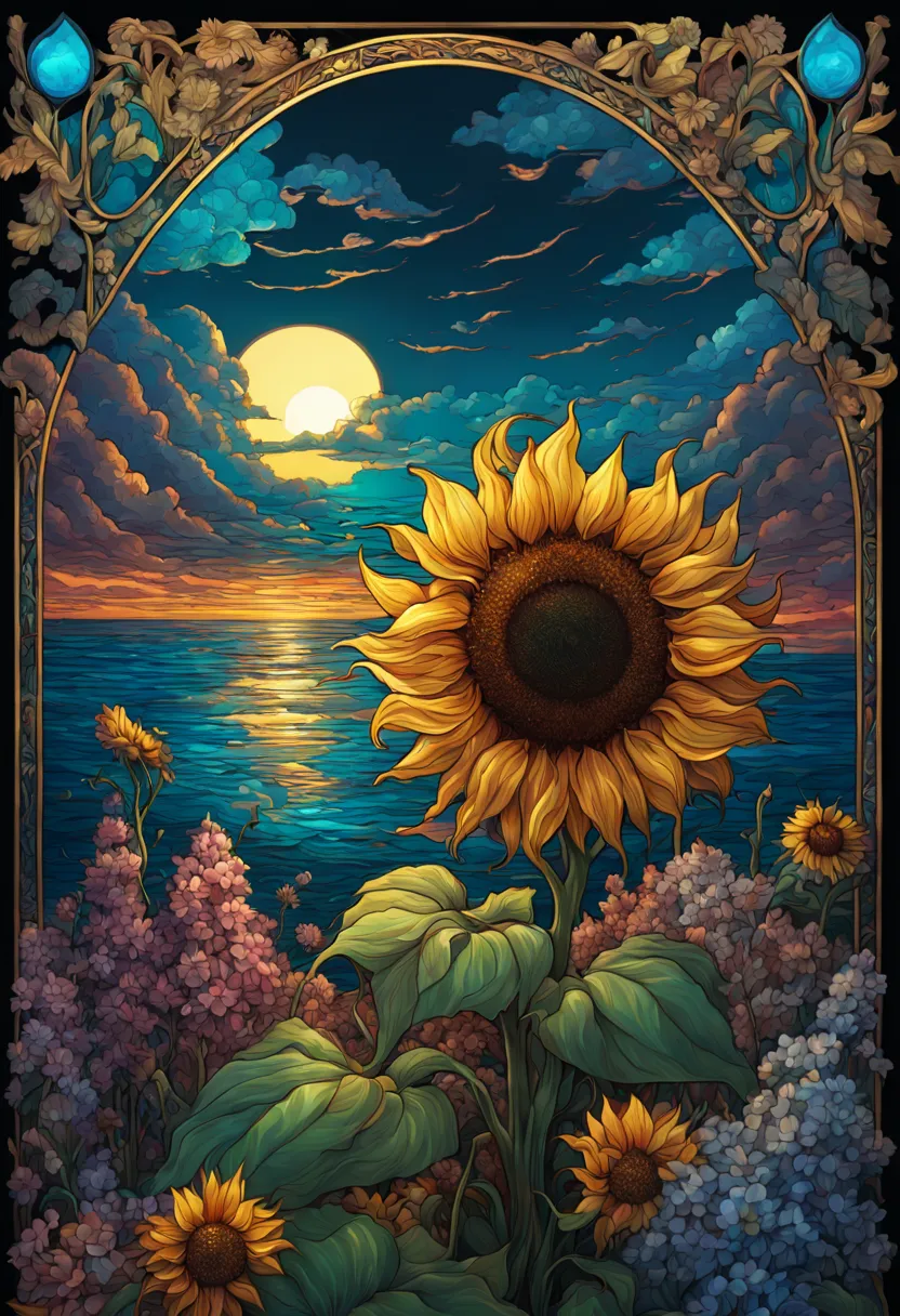 sea of flowers, aesthetic, stained glass sunflowers, dan mumford, cyril rolando, mw kaluta, louis comfort tiffany, dale chihuly,...