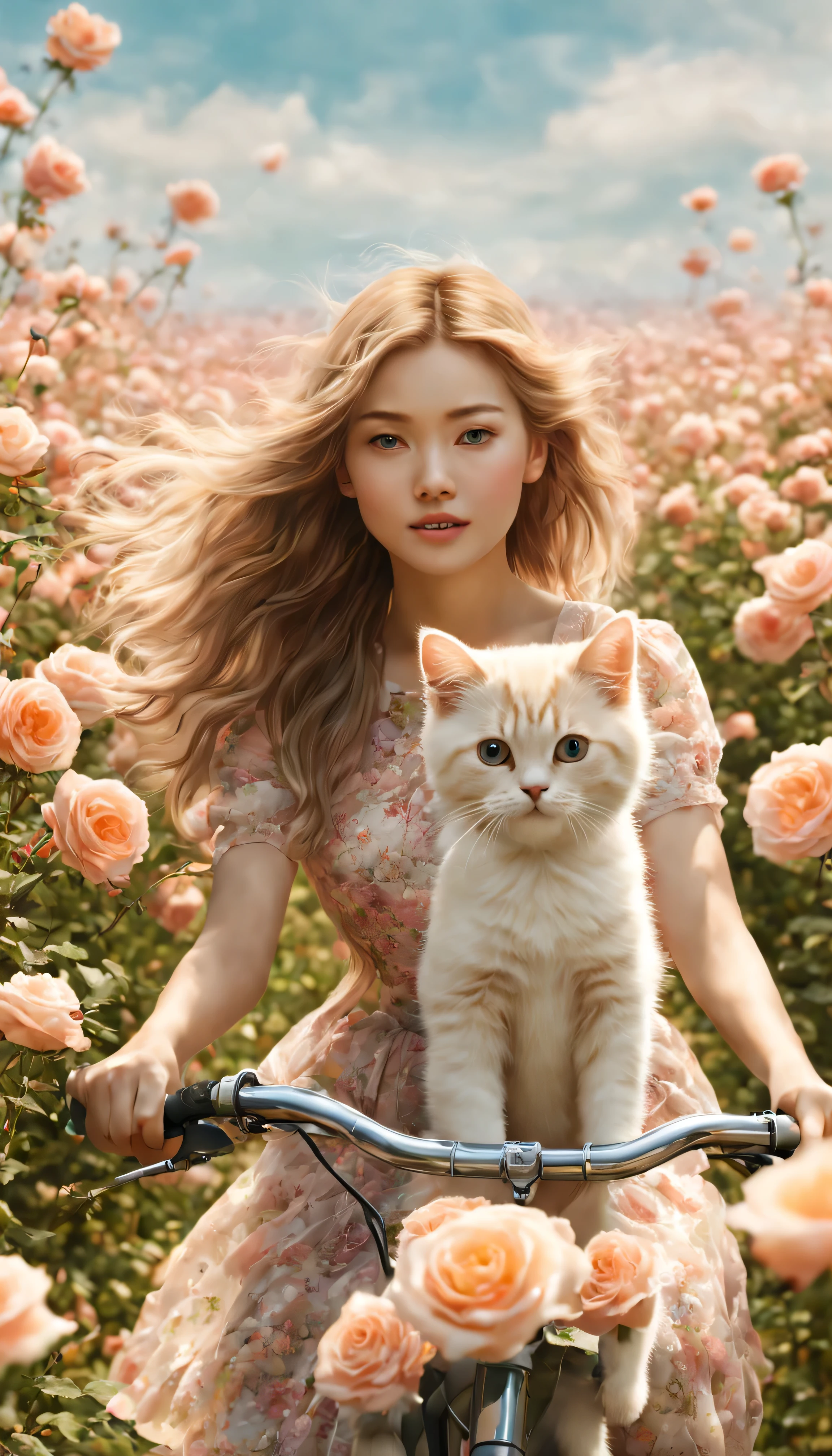 Sea of flowers/Sea of flowers/Sea of flowers.The wind blows through the rose field.spring field scenery.Closeup of beautiful girl riding bicycle with cat.Followed by a puppy.light tone.Light Gold、high resolution细节、Bright and fresh colors.(best quality,4k,8k,high resolution,masterpiece:1.2),super detailed,There are clear roses in the foreground.