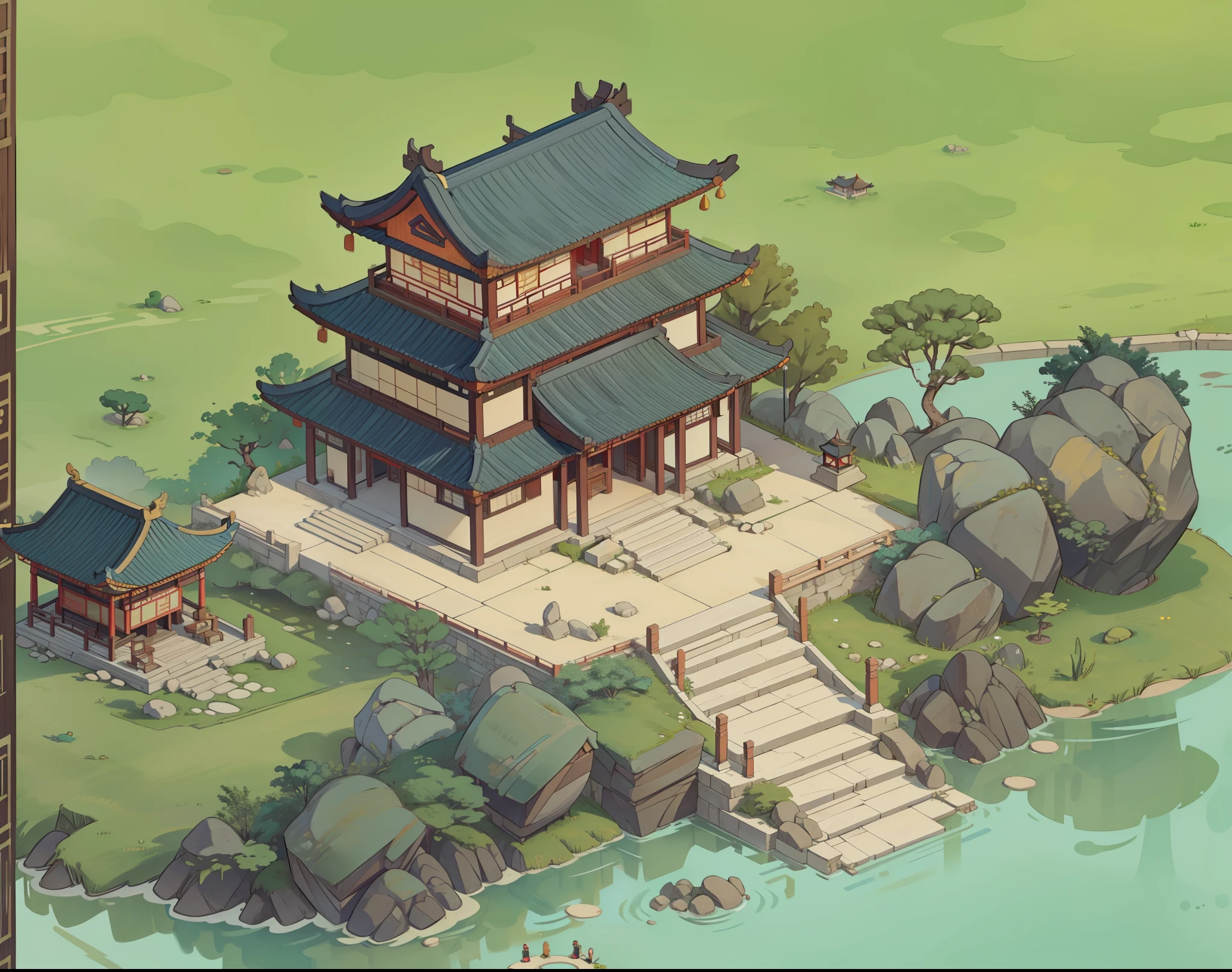 Isometric ancient Chinese pavilion，pond，rocks，chinese painting，isometric chinese style architecture