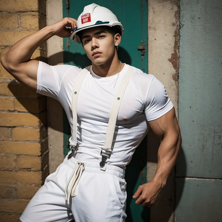 (masterpiece), best quality, expressive eyes, perfect face, 1 boy, 17 years old, maxican Muscular guy, bodybuilder,with tattoo, white tshirt, pants, suspenders, helmet, firemenoutfit, <lora:Clothing_-_Sexy_Firemen_Outfit:0.7, bare chest
