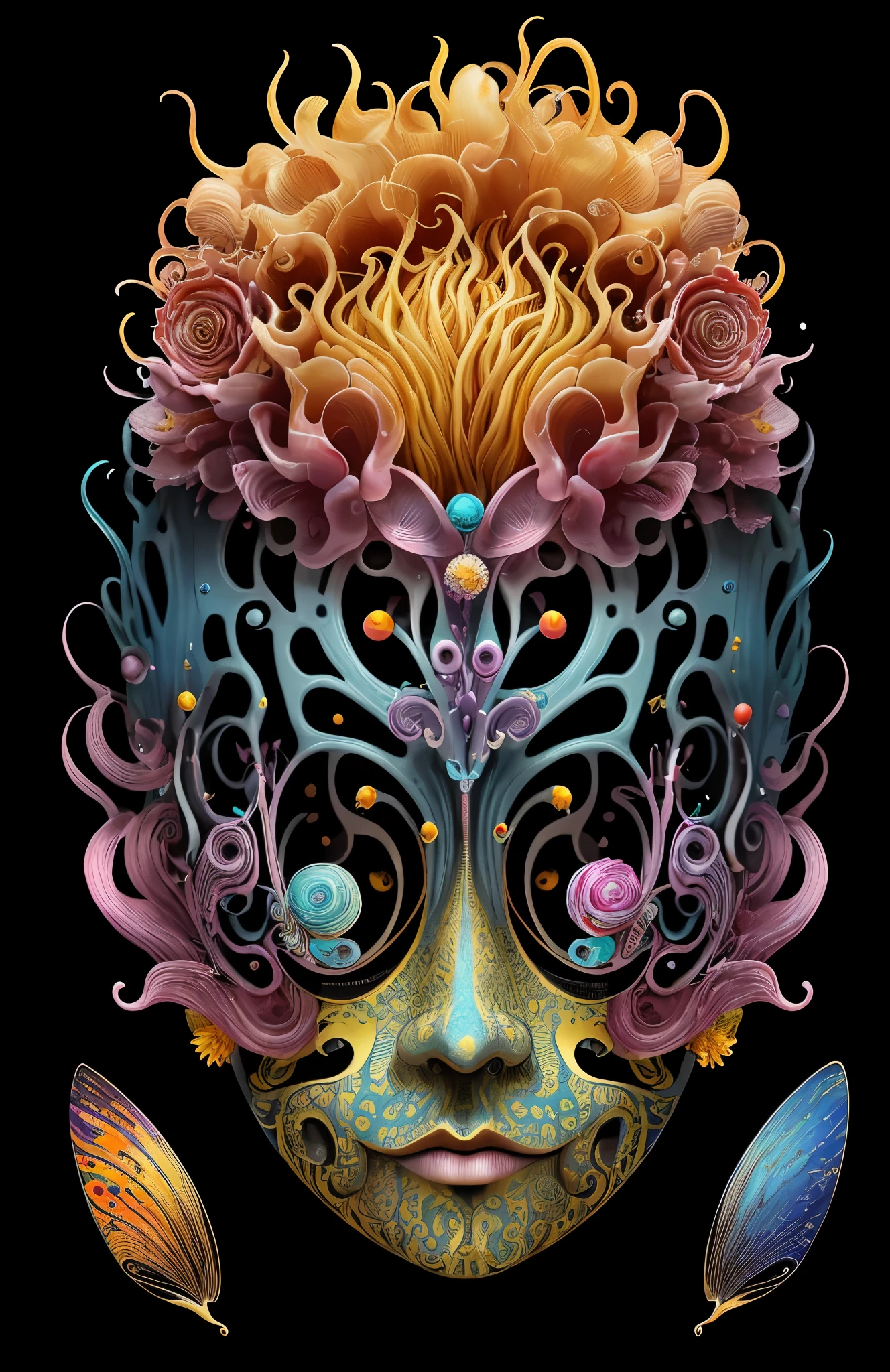 3D mask with various ordinary objects on it,blonde hair with pointed ends,texture, intricate, ornate, shadow, soft colors, 3D, mask, very detailed, decorative style, Tim Burton, Salvador Dali, Xiaolong Cheng, Cyril Rolando, inspired by J. D. Lariat, 3D stereoscopic，pop color style, Photo photo portrait surrounded by orbiting planetary satellites, blonde spiky hair, make me jealous, Mark Leyden, Alberto Seveso, brook shade, Anna Dietman, Flora Borcy, 8k resolution, perfect composition, Milky Way, rainbow colors, flying insects, scales, wing, blue, texture, complicated, Gorgeous, shadow, pastel colors,mask， 3d, Very detailed, Deco, tim burton, Dale Chihuly, Xiaolongcheng, Cyril Rolando, by J. Jitter，flowers，My head is empty，artwork