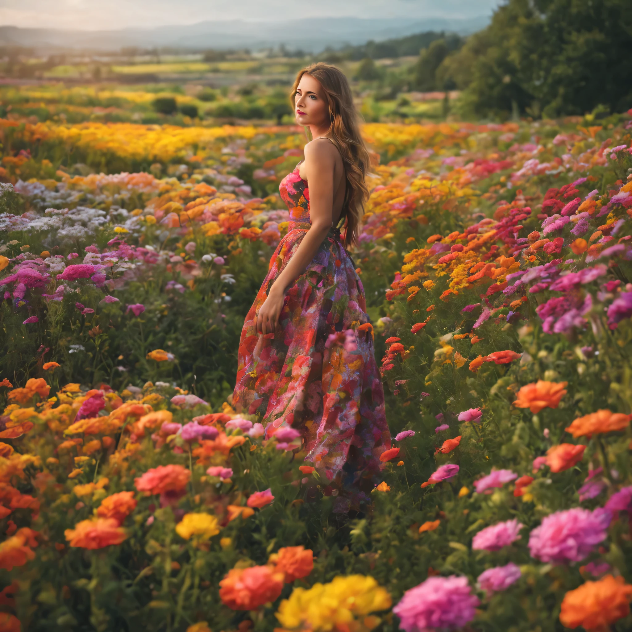 Realistic photo, Sea of flowers, colorful mozaik, colorful, mysteroius young woman wandering along fields of flowers, hands spread, beautyful godess, vivid colors, raw photo, 8k, 