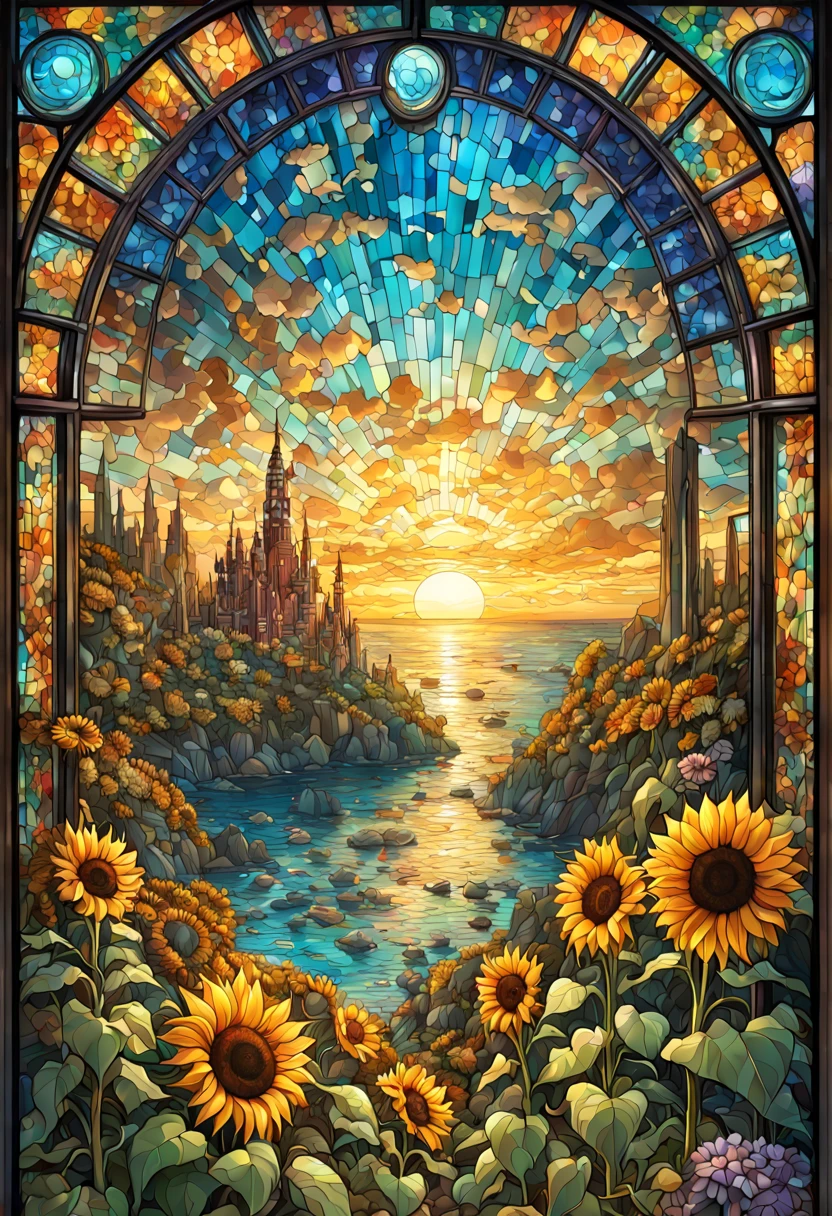 sea of flowers, aesthetic, Stained glass sunflowers, Dan Mumford, Cyril Rolando, MW Kaluta, Louis Comfort Tiffany, Dale Chihuly, hyper-detailed, hyperrealistic, digital landscape art, 8k resolution, beautiful colors, tarot card, awe, sunflowers made of stained glass, detailed, Hyperdetailed storybook illustration, concept art