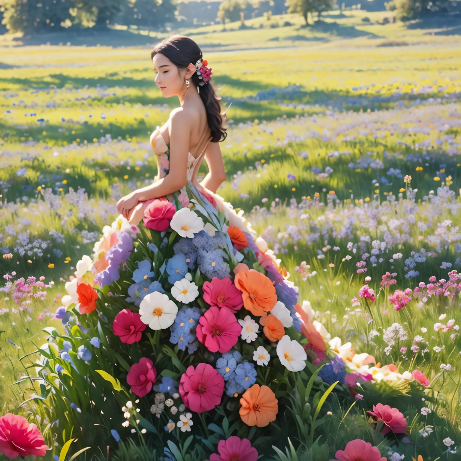 foto realista, mar de flores, Vistoso mozaik, Vistoso, hermosa mujer con un vestido largo hasta el suelo hecho de flores, Las flores del vestido se combinan con las flores del prado., manos abiertas, bella diosa, colores vívidos, foto cruda, 8K, 