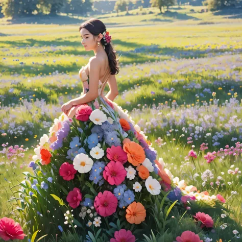 Realistic photo, Sea of flowers, colorful mozaik, colorful, beautiful woman wearing a floor-length dress made of flowers, flower...