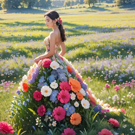 realistic photo, sea of flowers, colorful mozaik, colorful, beautiful woman wearing a floor-length dress made of flowers, flower...