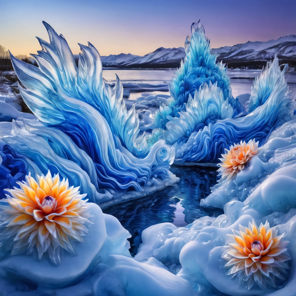 Arctic shoreline transforms into a garden of ice sculptures mirroring an assortment of flowers in Dale Chihuly's style, waves caught mid-freeze, spectrum of blue hues, hyperrealistic, surreal watercolor, trending on ArtStation, sharp focus, intricate details, highly detailed work reminiscent of Greg Rutkowski, studio photo ambiance. High Resolution, High Quality, Masterpiece