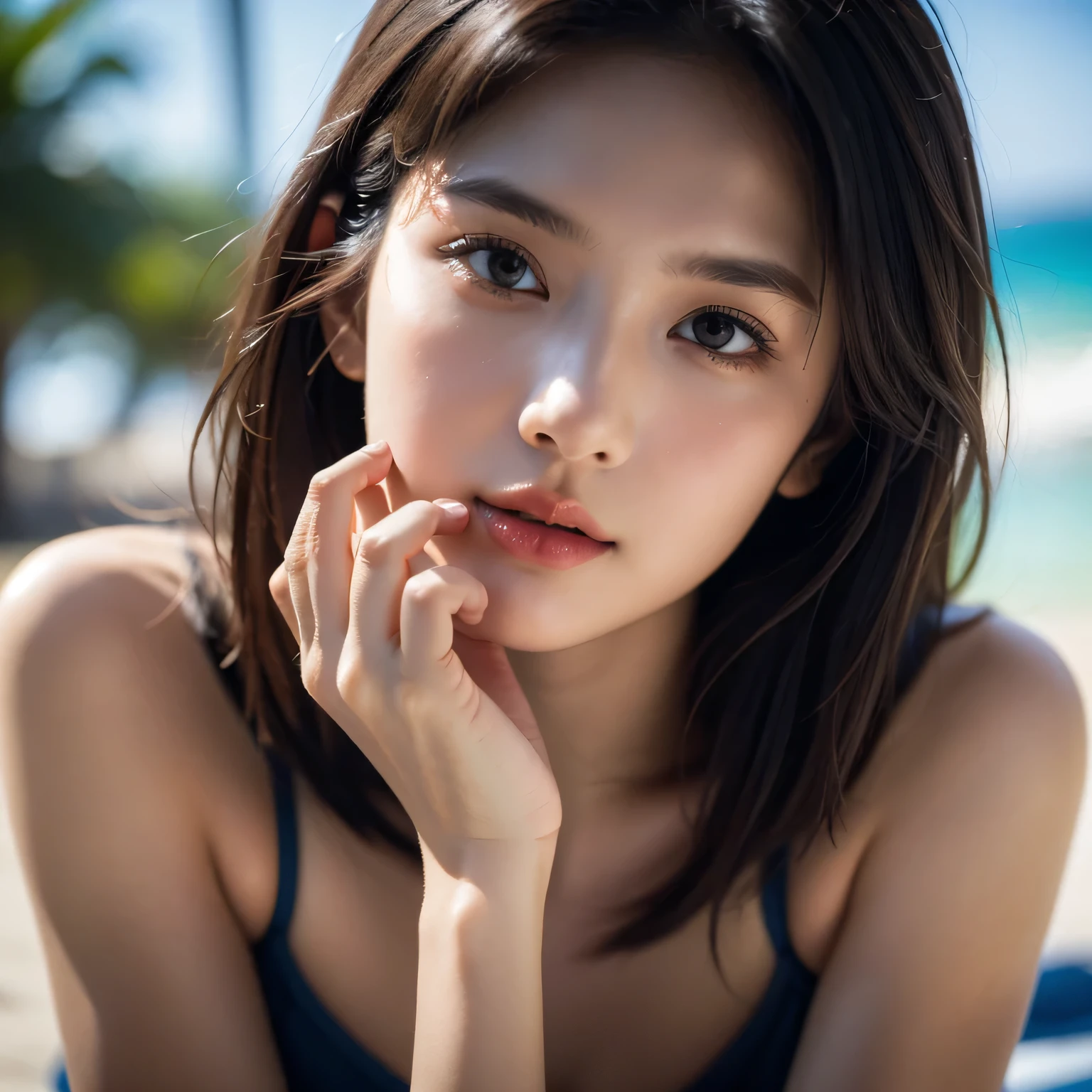 ((de la máxima calidad)), (familiarizarse con), rostro perfecto, cuerpo perfecto, chica hermosa, Muy grande , japonés, cara de bebe, ojos muy detallados, Nariz muy detallada, boca altamente detallada, Anatomía precisa, anatomía completa, Hermosos pies, traje de baño, HERMOSAS MANOS, hermosos brazos, palmera, playa, anatomía perfecta, rostro muy detallado, one person, sin cortar, chiaroscuro, one person称視点, ((obra maestra)), 16k, Piel áspera, Súper detallado