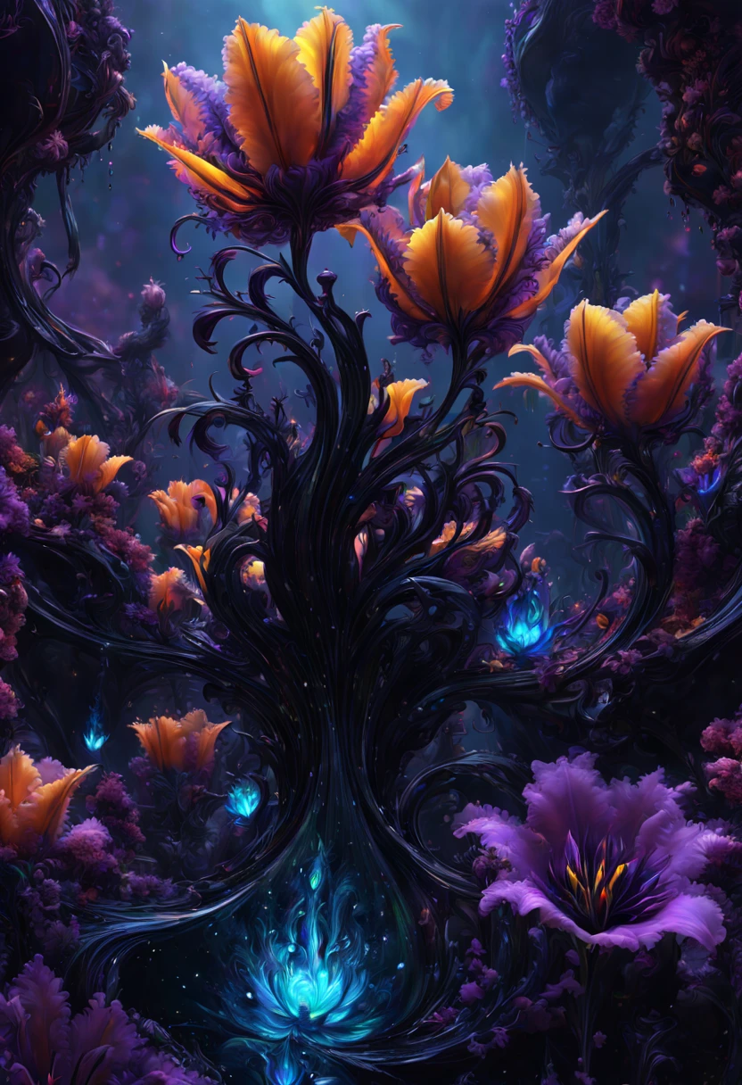 sea of flowers, aesthetic, twisted glass of alien flowers frilled tulips dripping black Purple violets, vines Lava oil slick. LED lights. Scifi, fantastical, hyperdetailed complementary colors, fractal mandelbulb, detailed matte painting, deep color, fantastical, intricate detail, splash screen, complementary colors, fantasy concept art, 8k resolution trending on Artstation Unreal Engine 5