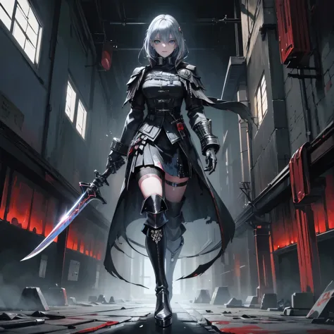 masterpiece、high quality、Cyberpunk、dark fantasy、DARK SOULS、Bloodborne、In a brutal world、High school girl holding a sword（blue ey...