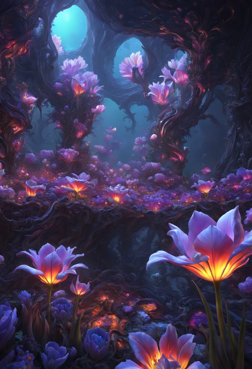 sea of flowers, aesthetic, twisted glass of alien flowers frilled tulips dripping black Purple violets, vines Lava oil slick. LED lights. Scifi, fantastical, hyperdetailed complementary colors, fractal mandelbulb, detailed matte painting, deep color, fantastical, intricate detail, splash screen, complementary colors, fantasy concept art, 8k resolution trending on Artstation Unreal Engine 5