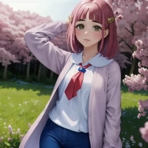 a girl with pink hair is standing alone in a sunny, flower-filled field. she is wearing a coat over a white shirt and blue pants...