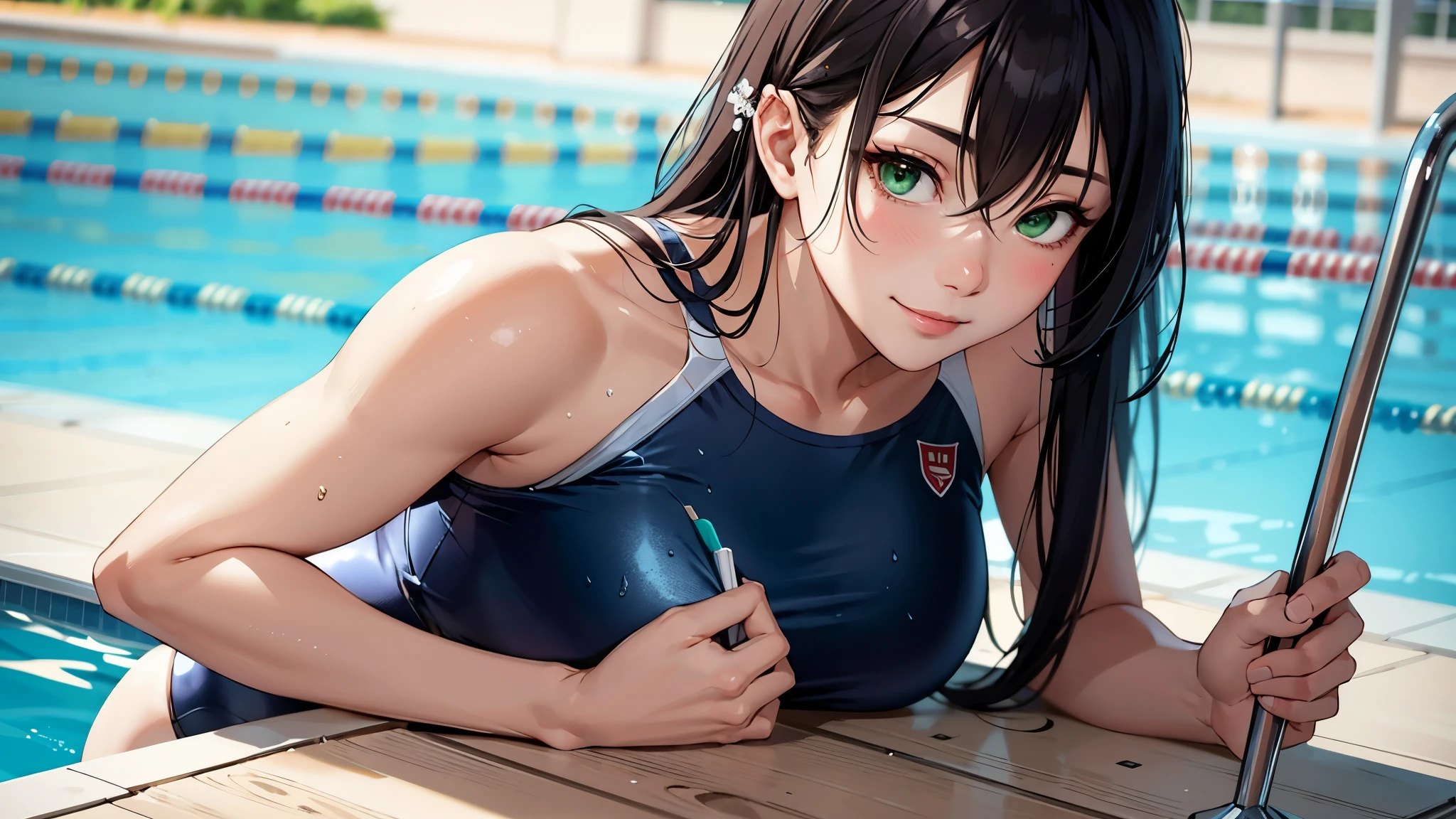 (on the table:1.2, best quality), (real picture, intricate details), 1 lady, alone, Upper body, casual, long hair, minimalist makeup, natural fabrics, Close-up face, Smile, school swimming pool, 浅白金金色long hair, Bangs, Bangs, Bangs between the eyes, green eyes,  big ass, school swimsuit, Tight swimsuit,  Sexy, detailed