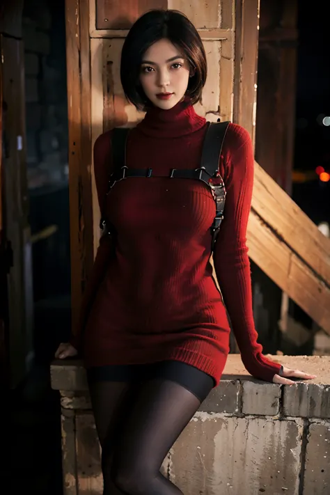 1girl, RE4, red sweater dress, gola alta, Ribbed sweater, botas de coxa, Black pantyhosebloom, harness, melhor qualidade, obra-p...