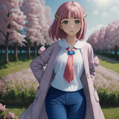 a girl with pink hair is standing alone in a sunny, flower-filled field. she is wearing a coat over a white shirt and blue pants...