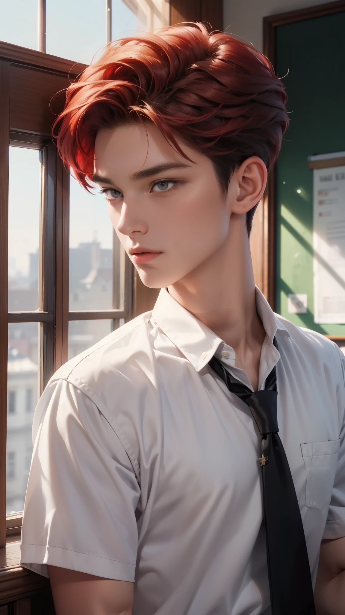 ((Best quality)), ((masterpiece)), (detailed), ((perfect face)), ((halfbody)) perfect proportions ,He is a handsome student, 18 years old, short hair, red hair, topless Student uniform, school uniform, there is a background of a detailed school room with colorful vibe ((perfect face)) detailed scenery 