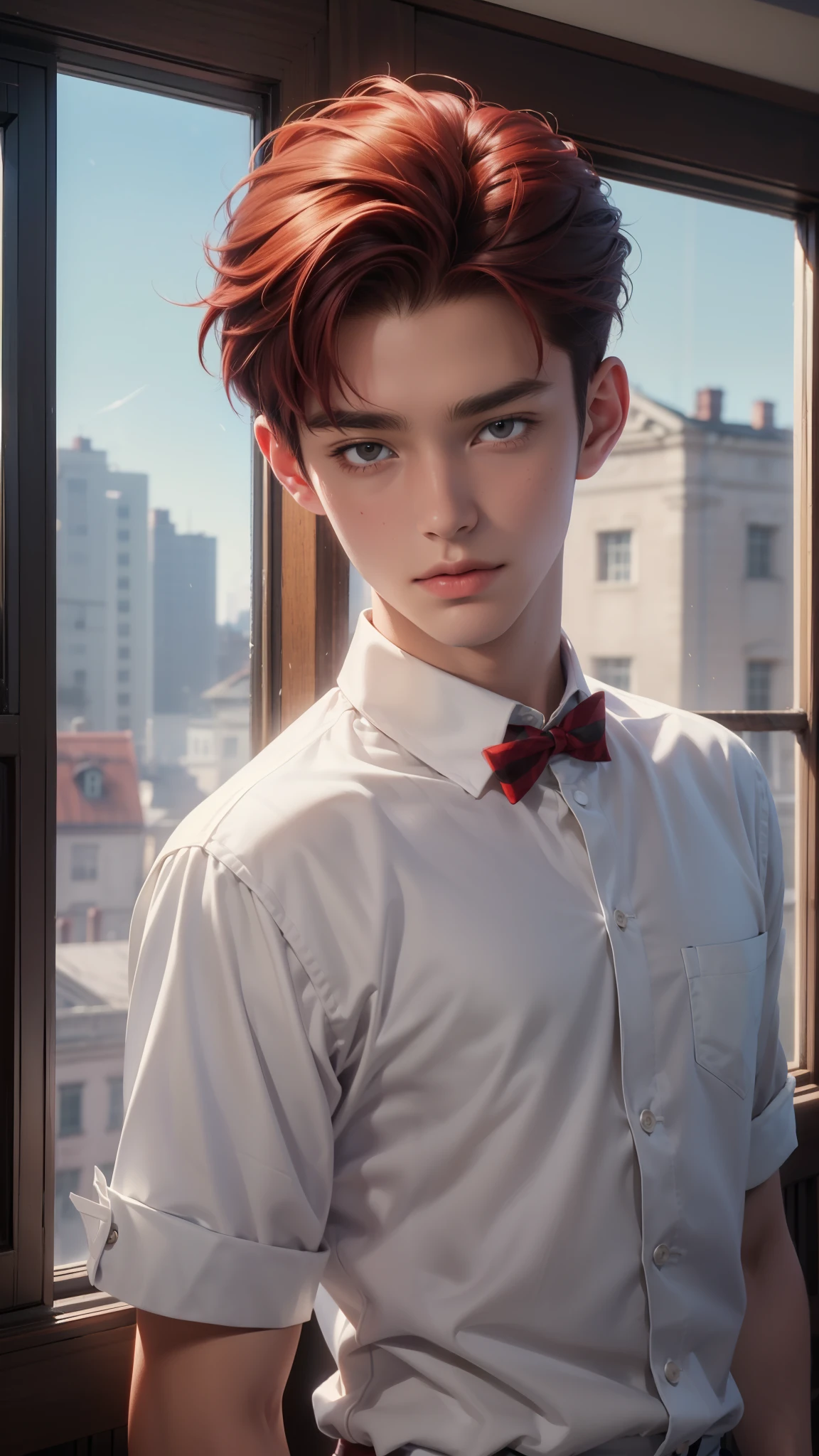 ((Best quality)), ((masterpiece)), (detailed), ((perfect face)), ((halfbody)) perfect proportions ,He is a handsome student, 18 years old, short hair, red hair, topless Student uniform, school uniform, there is a background of a detailed school room with colorful vibe ((perfect face)) detailed scenery 