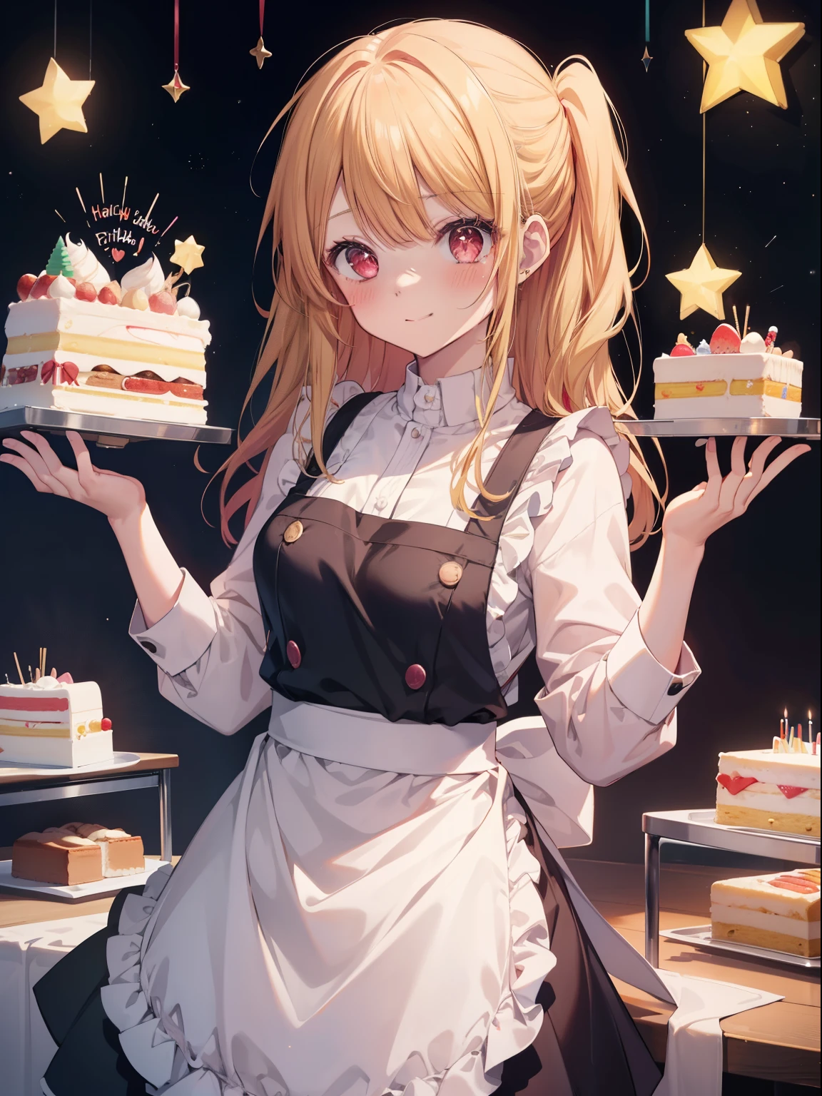 Ruby Hoshino、Good looking girl (long blonde hair with square bangs, big red eyes, stars in my eyes,blush, perfect face), independent , looking at camera, masterpiece, anime art style, cute characters, most detailed, high quality、Nico Nico Smile、birthday cake、happy birthday、Wearing an apron at home