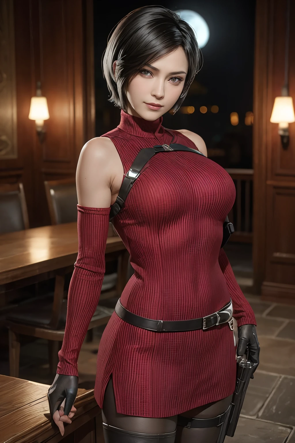 1 rapariga， solo， Ada Wong in Resident Evil 4 Remake， short detailed hair， brunette color hair， Red cheongsam， Short-sleeved shirt， Nero， nedium breasts， upper limbs， hindquarters， Black heels， Adriana's face， Find your audience， sly smile， A pistol was hung on her waist， best qualtiy， hight resolution：1.2， 18th century village in the background， Shadowing， Nightmare， rays of moonlight， Upper body photography， Low camera angle、depth of fields、center focused